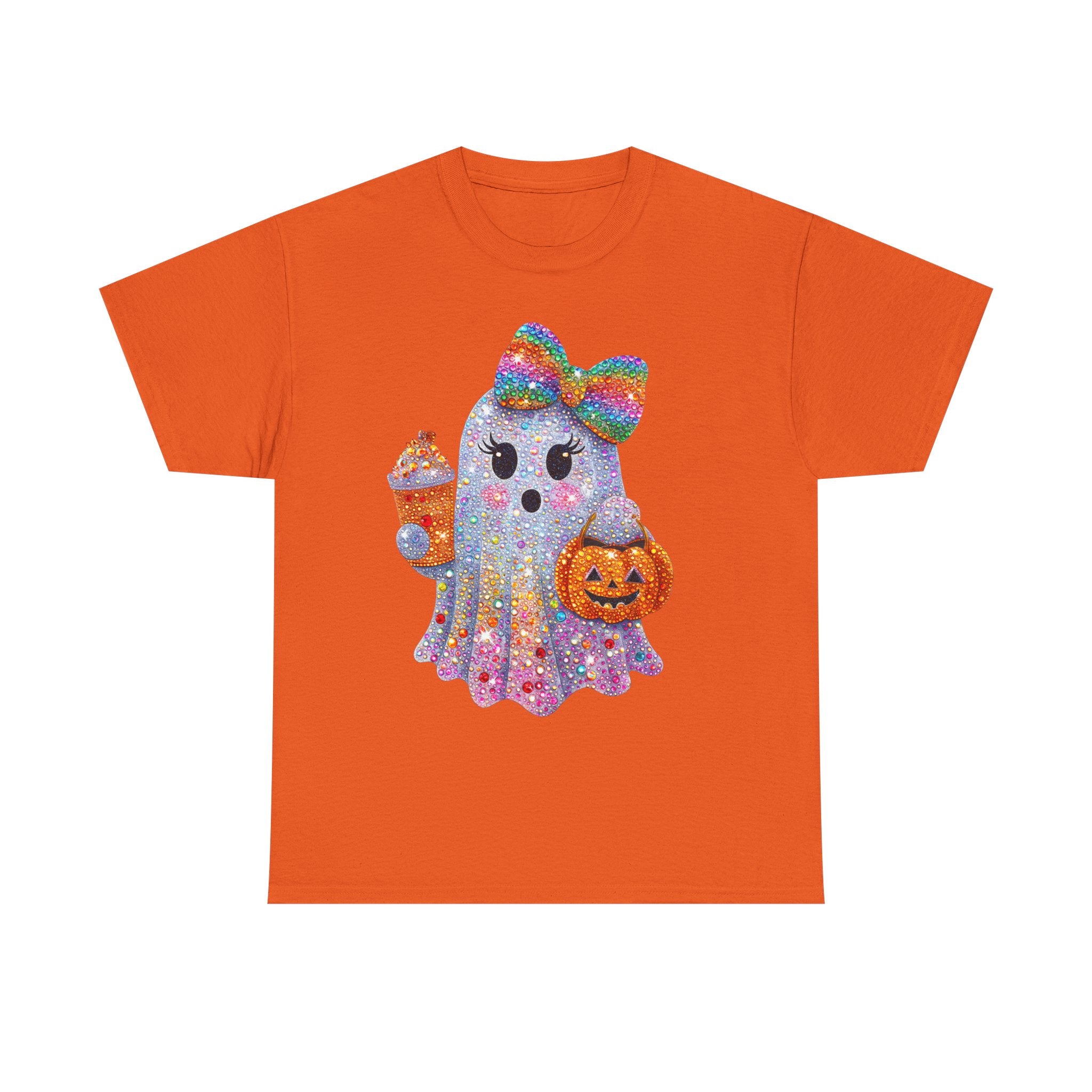 Cute Glitter Ghost T-Shirt — Rainbow Bow Halloween Tee with Pumpkin & Candy Cup