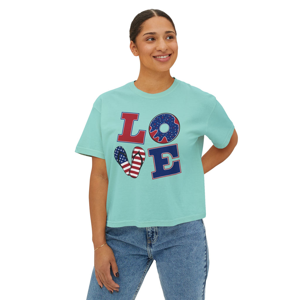 Patriotic LOVE Boxy Tee — Women's 4th of July American Flag Graphic Shirt