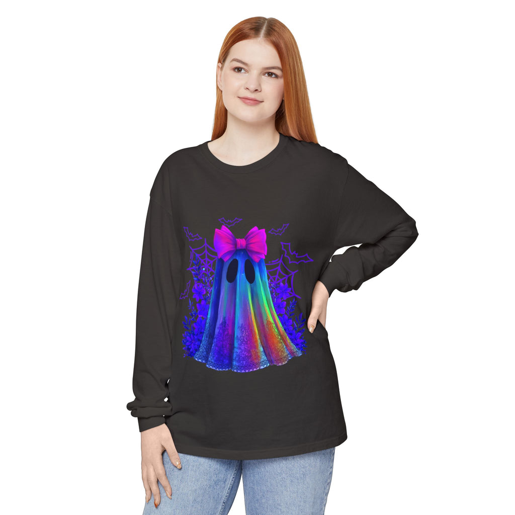 Halloween Ghost Long Sleeve Tee — Holographic Bow Ghost Graphic