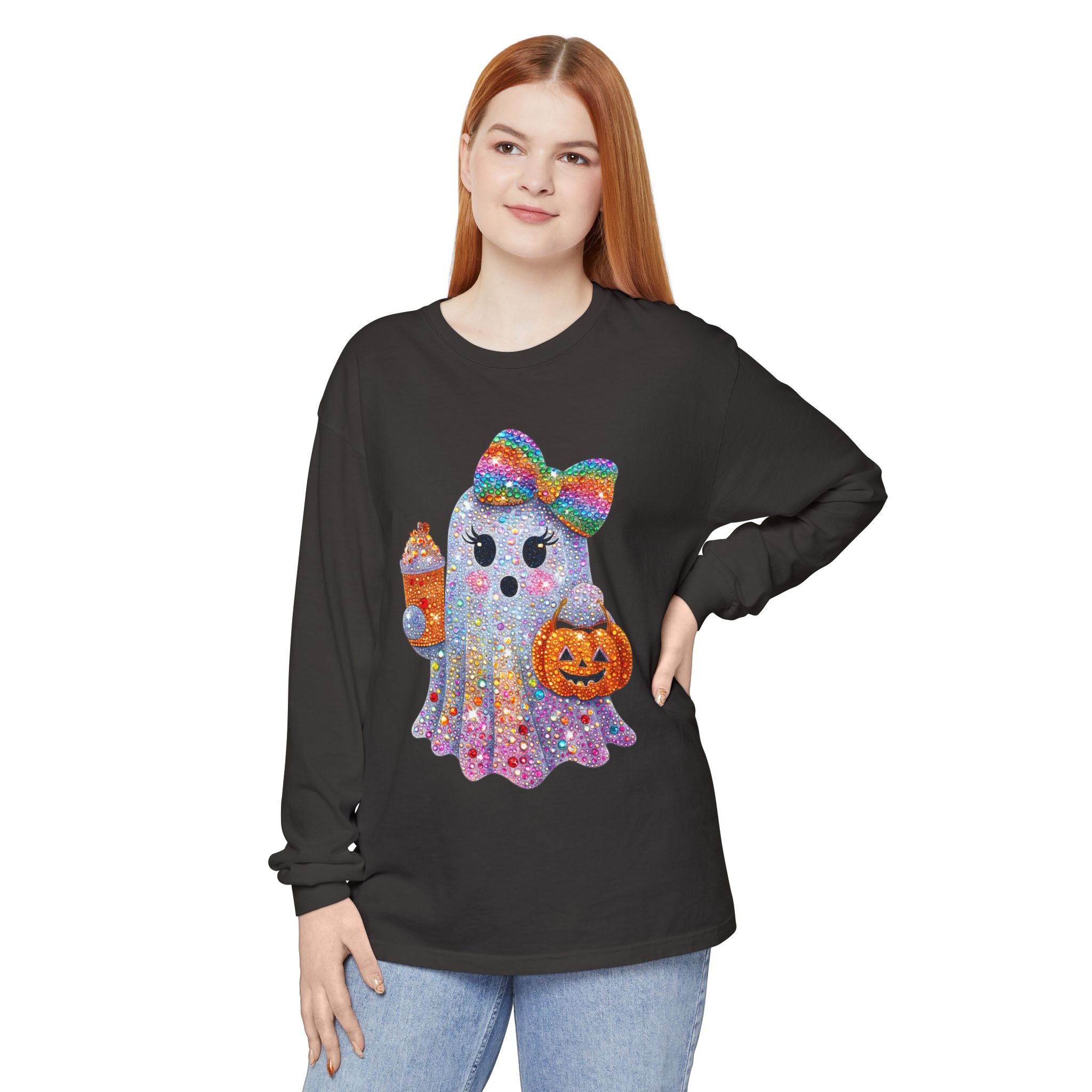Sparkle Ghost Long Sleeve Tee — Cute Halloween Pumpkin & Candy Design