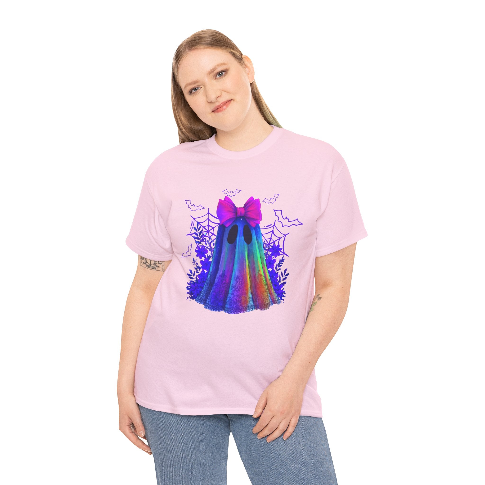 Neon Rainbow Ghost T-Shirt — Cute Halloween Spirit Tee with Pink Bow