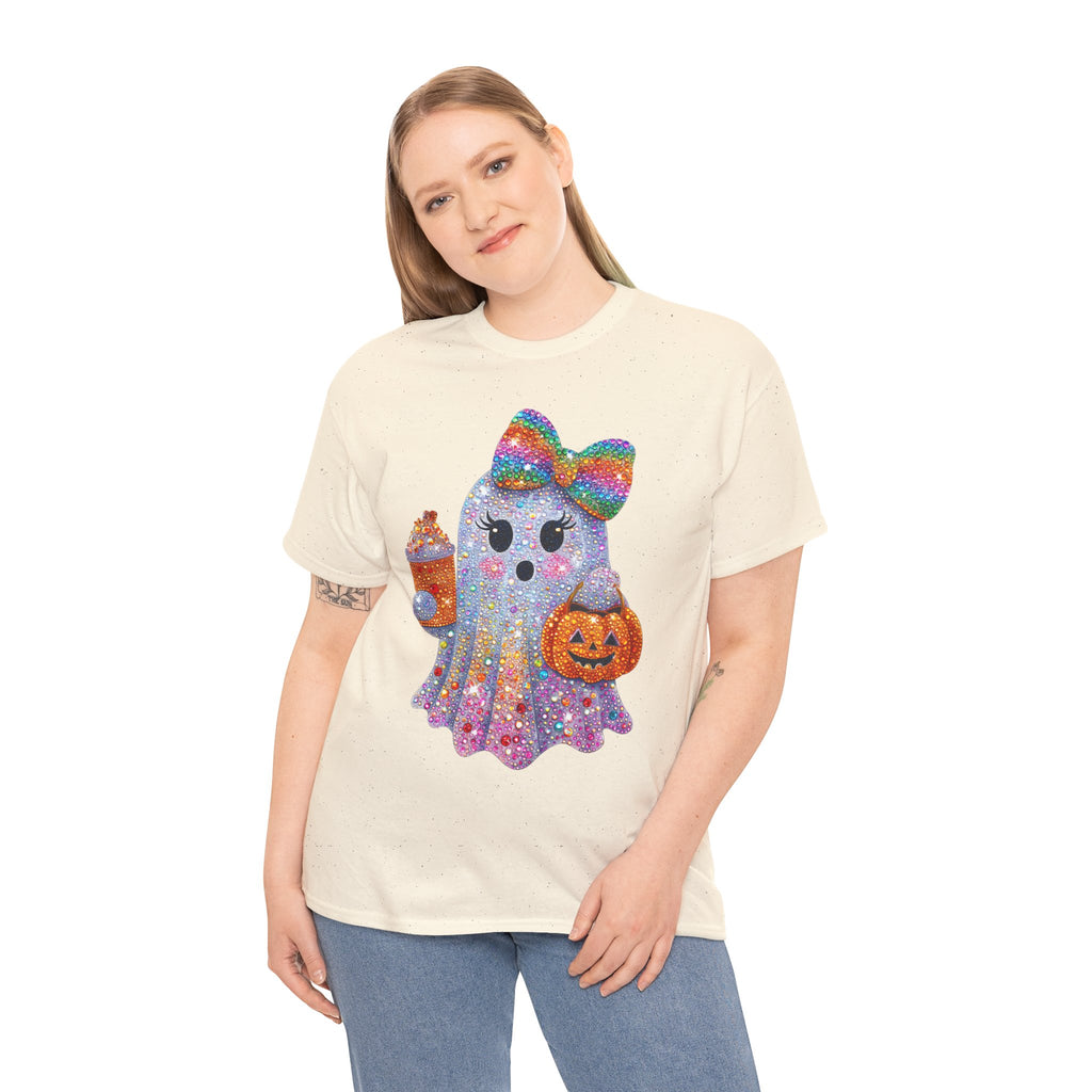 Cute Glitter Ghost T-Shirt — Rainbow Bow Halloween Tee with Pumpkin & Candy Cup