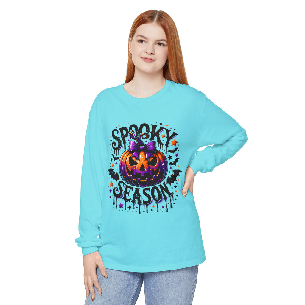 Spooky Season Long Sleeve Tee — Purple Jack-O'-Lantern Halloween Shirt