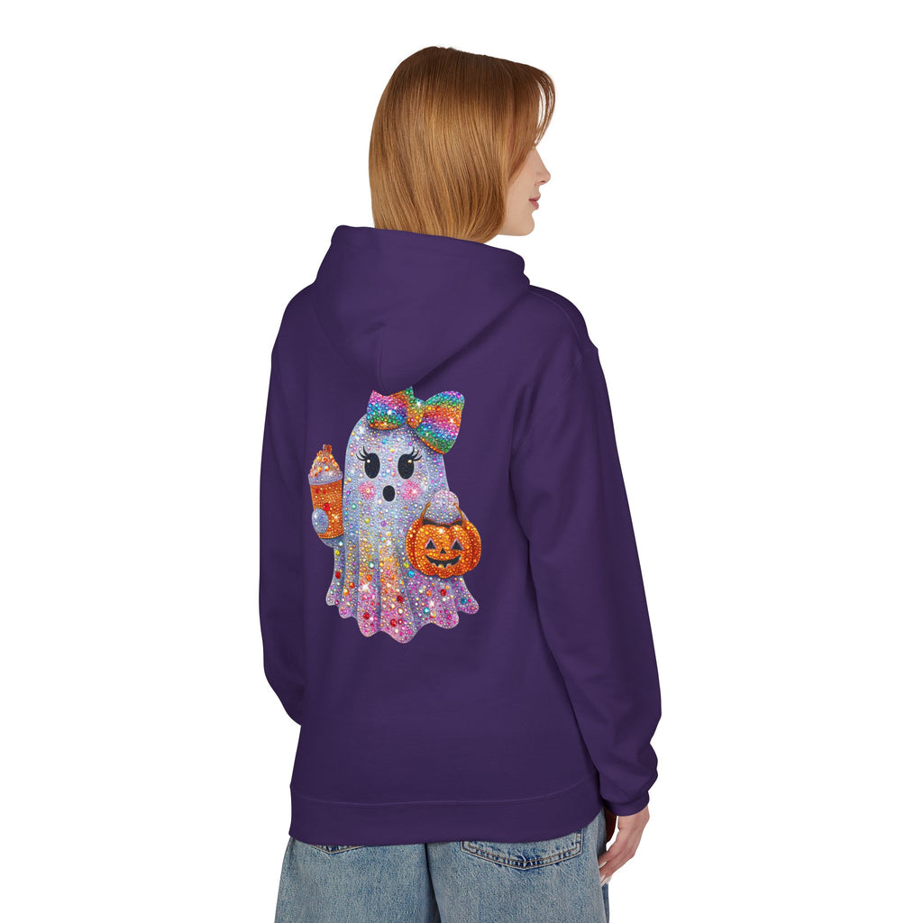 Cute Halloween Ghost Hoodie — Glitter Ghost Holding Pumpkin & Coffee Graphic