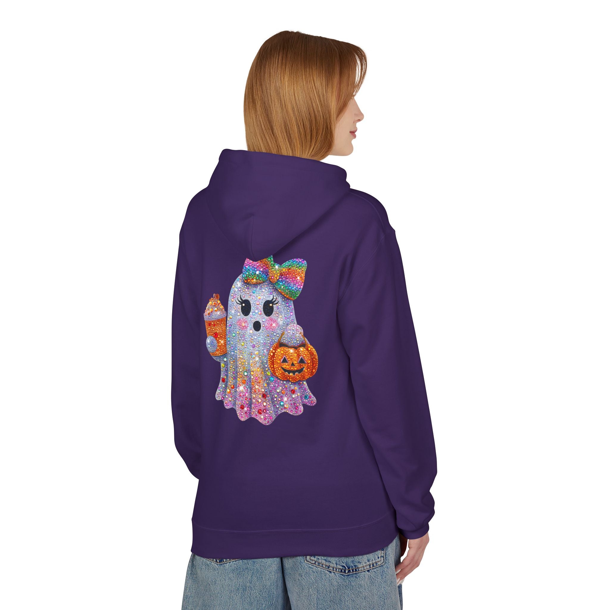 Cute Halloween Ghost Hoodie — Glitter Ghost Holding Pumpkin & Coffee Graphic