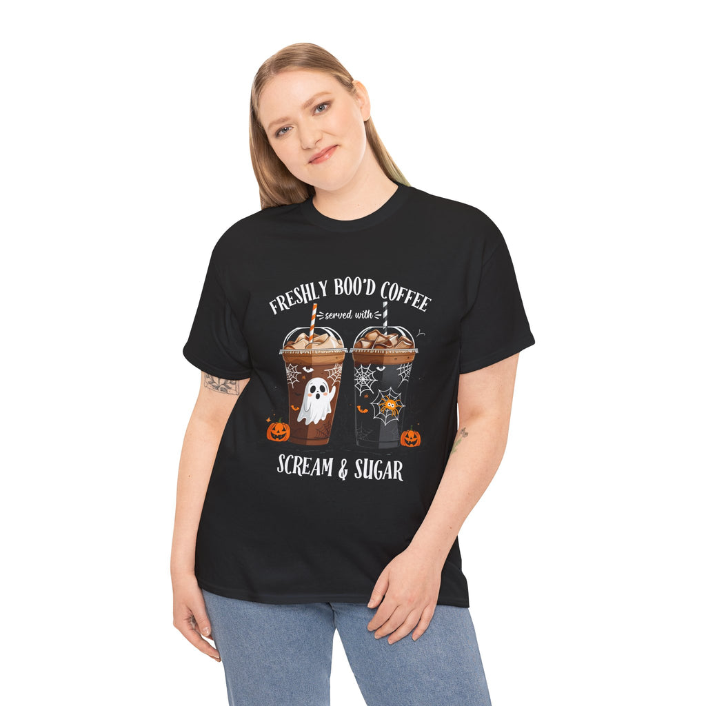 Halloween Coffee T‑Shirt - "Freshly Boo’d Coffee: Scream & Sugar" Funny Spooky Pumpkin Ghost Tee