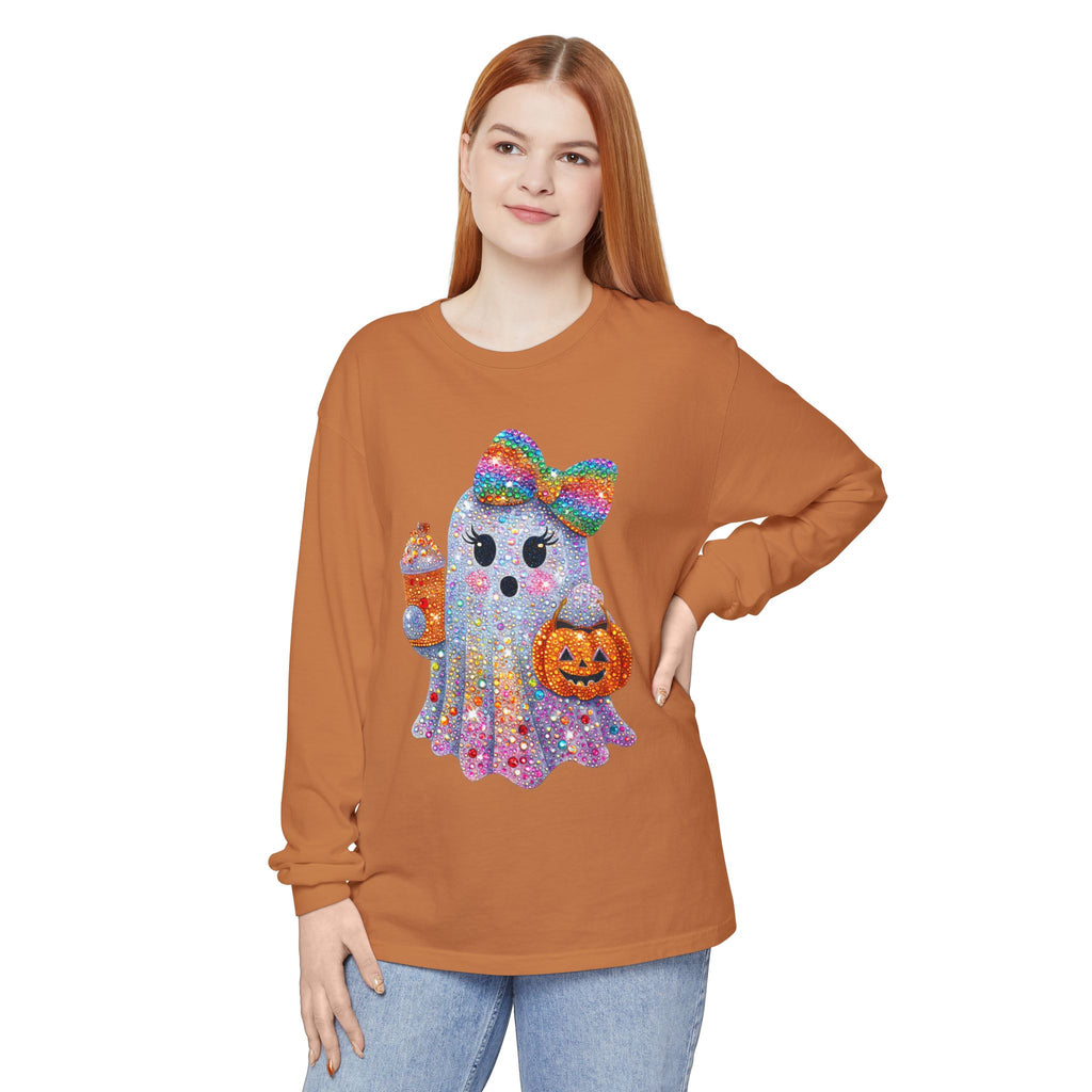 Sparkle Ghost Long Sleeve Tee — Cute Halloween Pumpkin & Candy Design