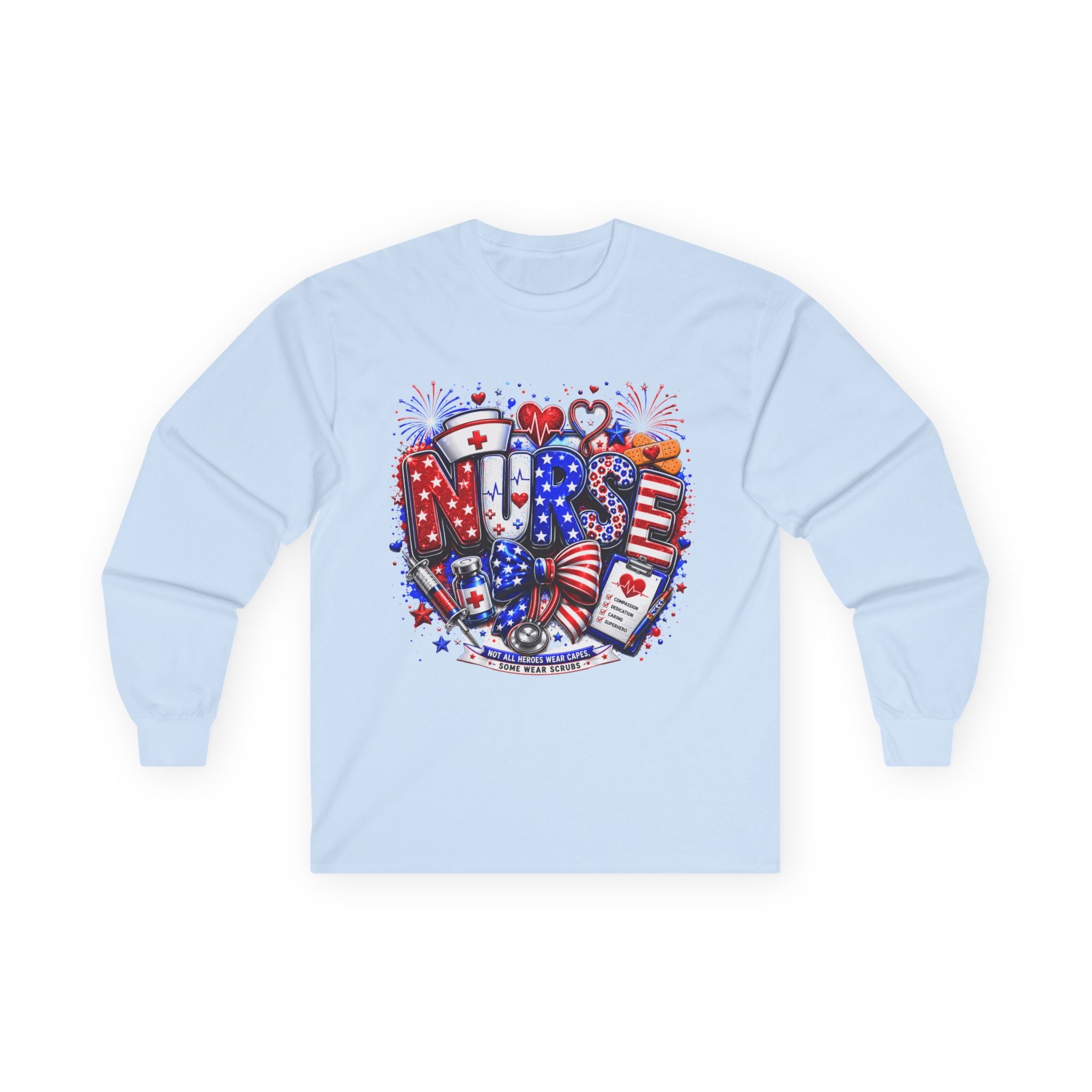 Nurse Heart Patriotic Long Sleeve Tee — USA Flag & Medical Design