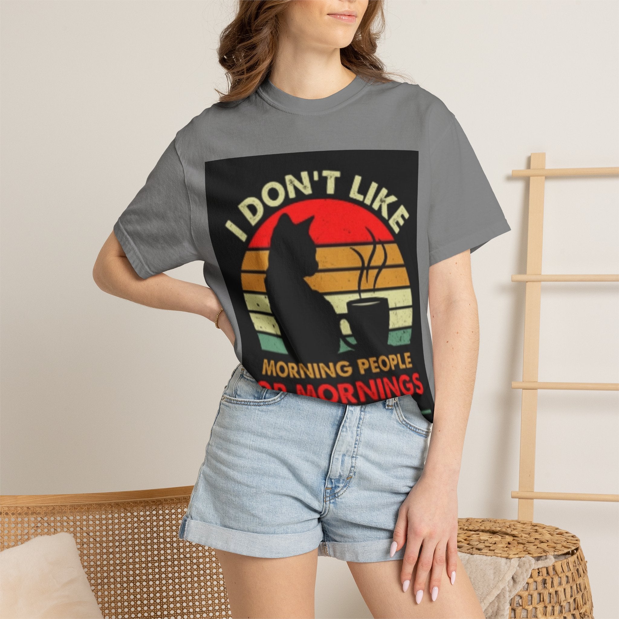 I Don't Like Morning People T-Shirt — Cat & Coffee Retro Graphic Tee