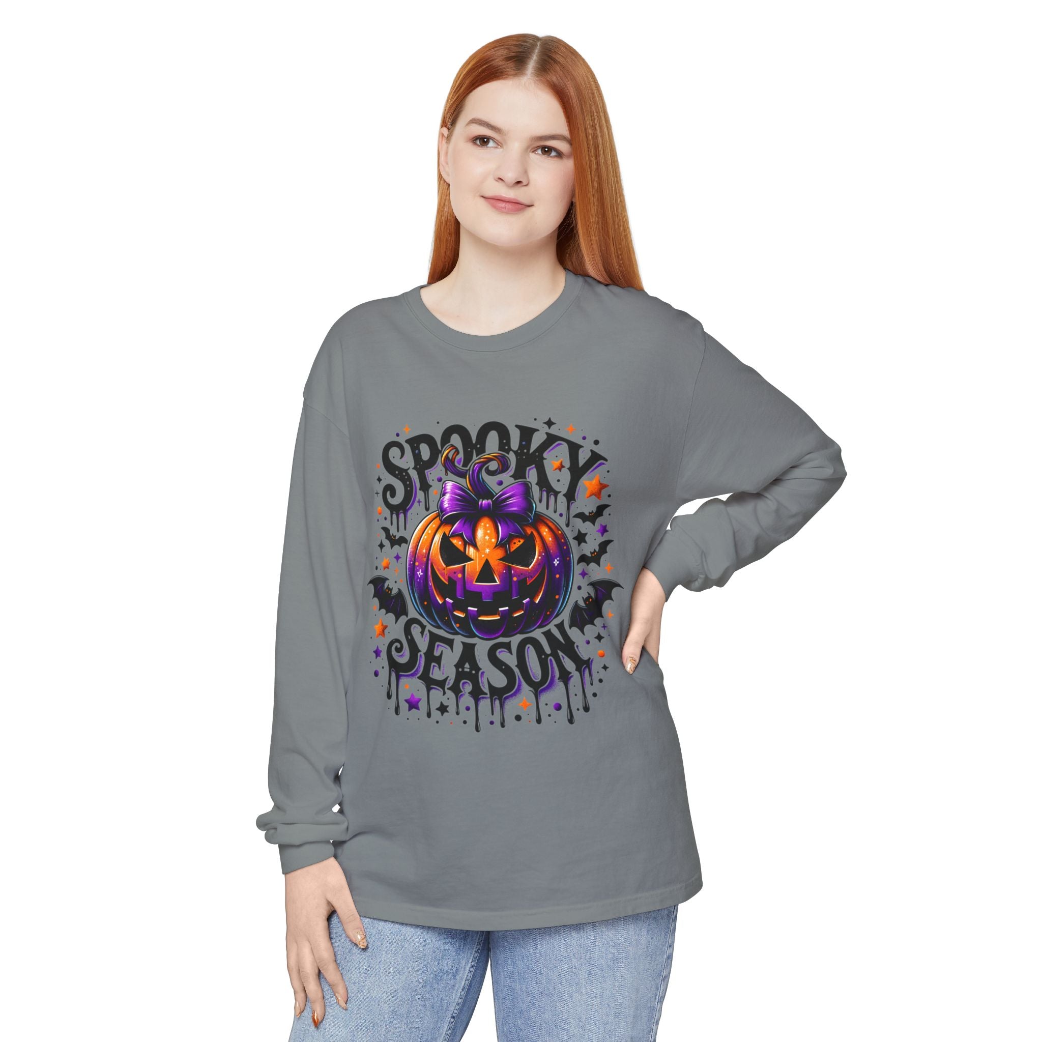 Spooky Season Long Sleeve Tee — Purple Jack-O'-Lantern Halloween Shirt