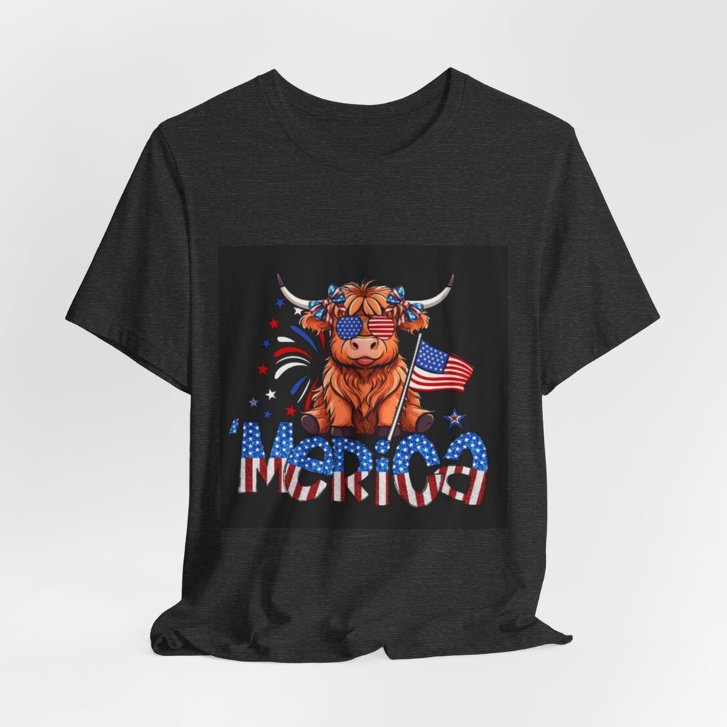 Patriotic Highland Cow Tee — "Merica" American Flag 4th of July Shirt
