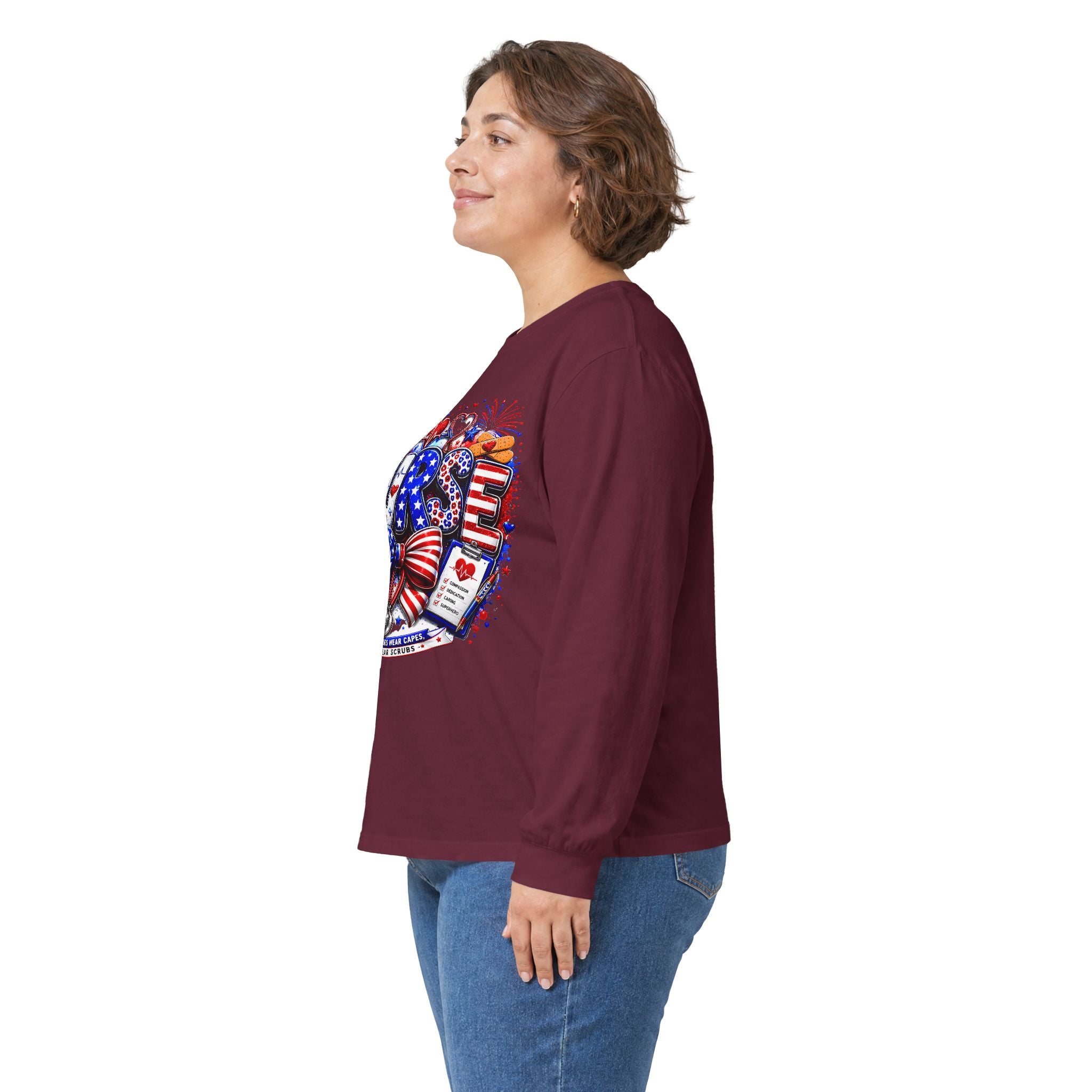 Nurse Heart Patriotic Long Sleeve Tee — USA Flag & Medical Design