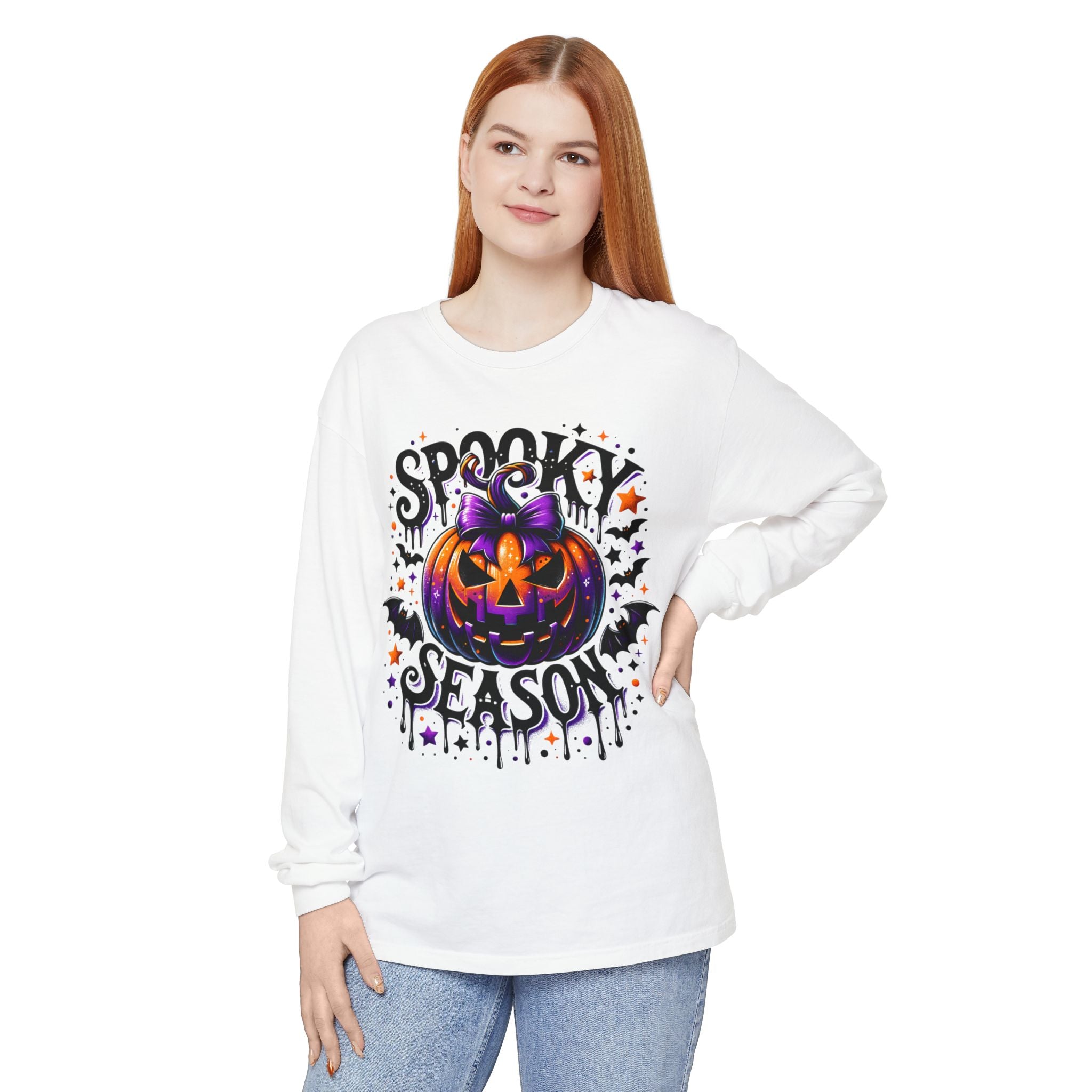 Spooky Season Long Sleeve Tee — Purple Pumpkin Halloween Design