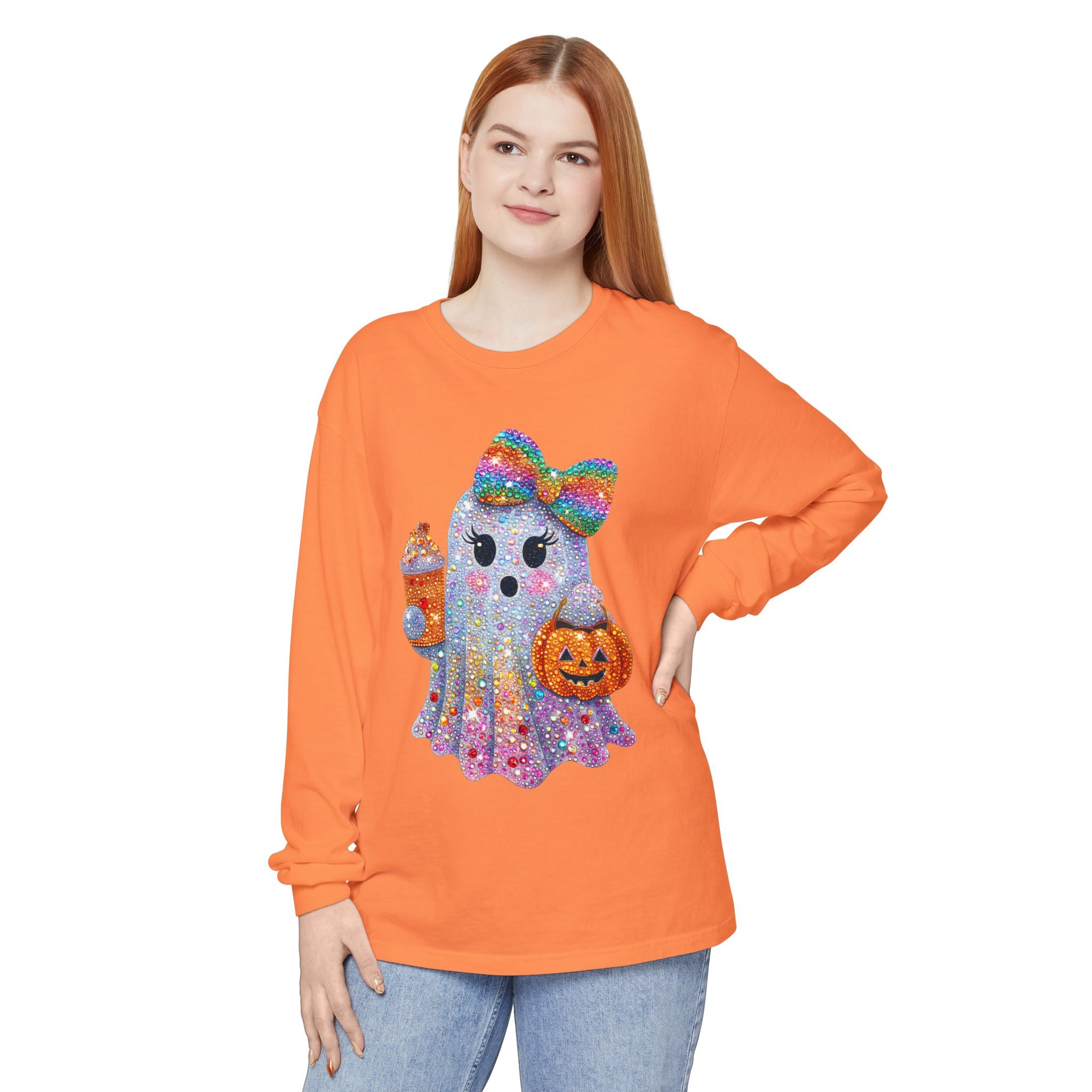Sparkle Ghost Long Sleeve Tee — Cute Halloween Pumpkin & Candy Design