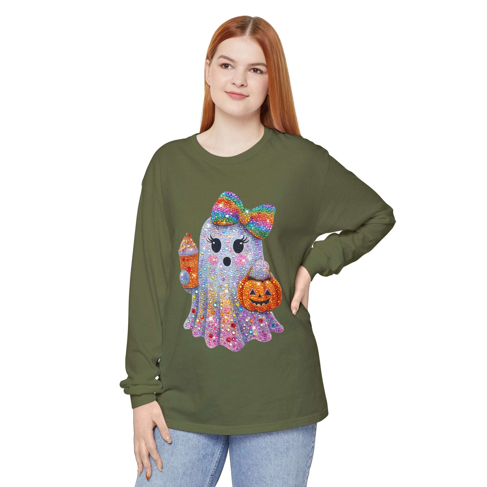 Sparkle Ghost Long Sleeve Tee — Cute Halloween Pumpkin & Candy Design