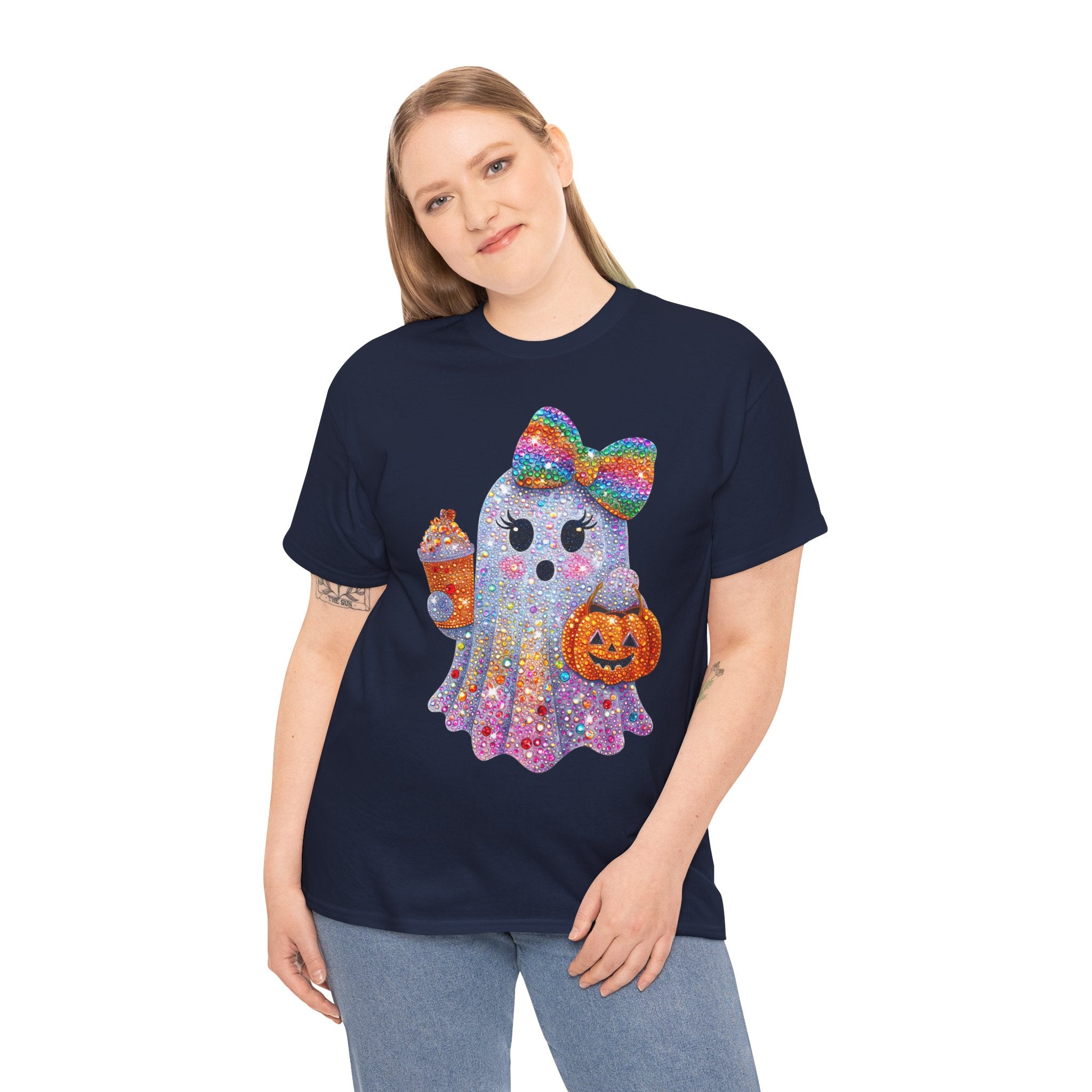 Cute Glitter Ghost T‑Shirt — Rainbow Bow Halloween Tee with Pumpkin & Candy