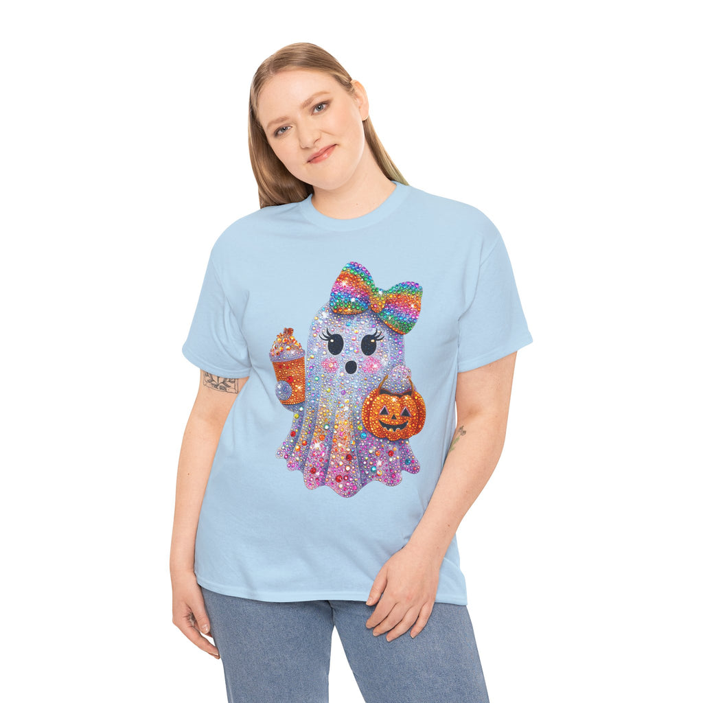 Cute Glitter Ghost T‑Shirt — Rainbow Bow Halloween Tee with Pumpkin & Candy