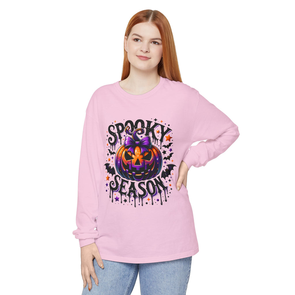 Spooky Season Long Sleeve Tee — Purple Jack-O'-Lantern Halloween Shirt