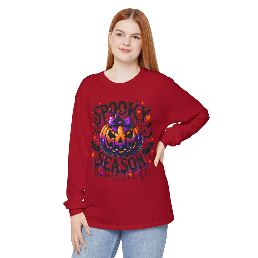 Spooky Season Long Sleeve Tee — Purple Pumpkin Halloween Design