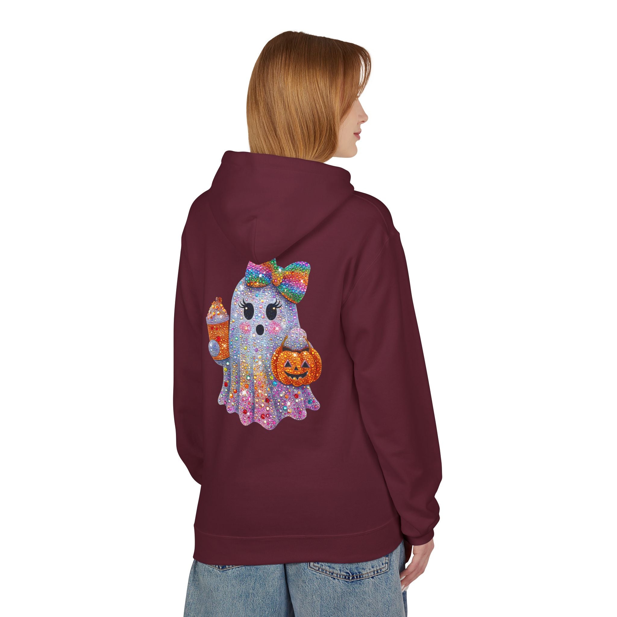 Cute Halloween Ghost Hoodie — Glitter Ghost Holding Pumpkin & Coffee Graphic