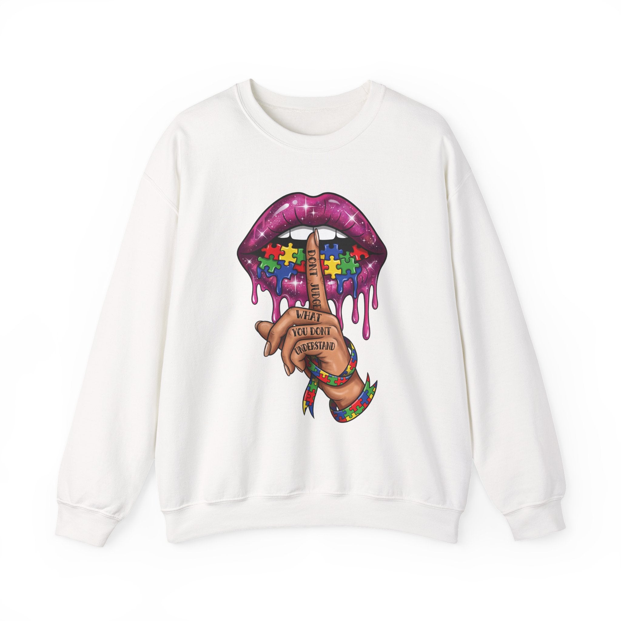 Autism Awareness Crewneck Sweatshirt — Puzzle Heart Lips "Shh" Design