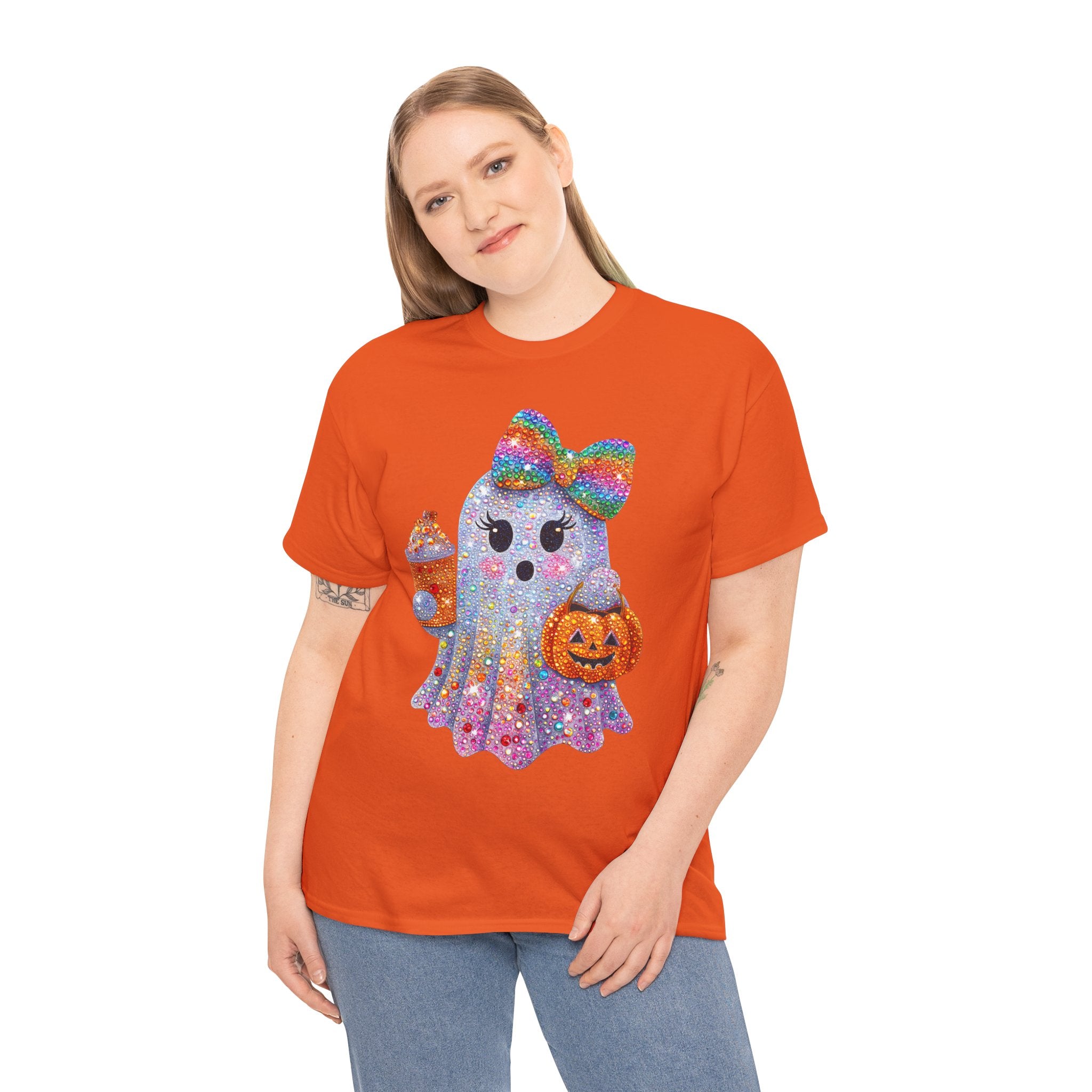 Cute Glitter Ghost T-Shirt — Rainbow Bow Halloween Tee with Pumpkin & Candy Cup