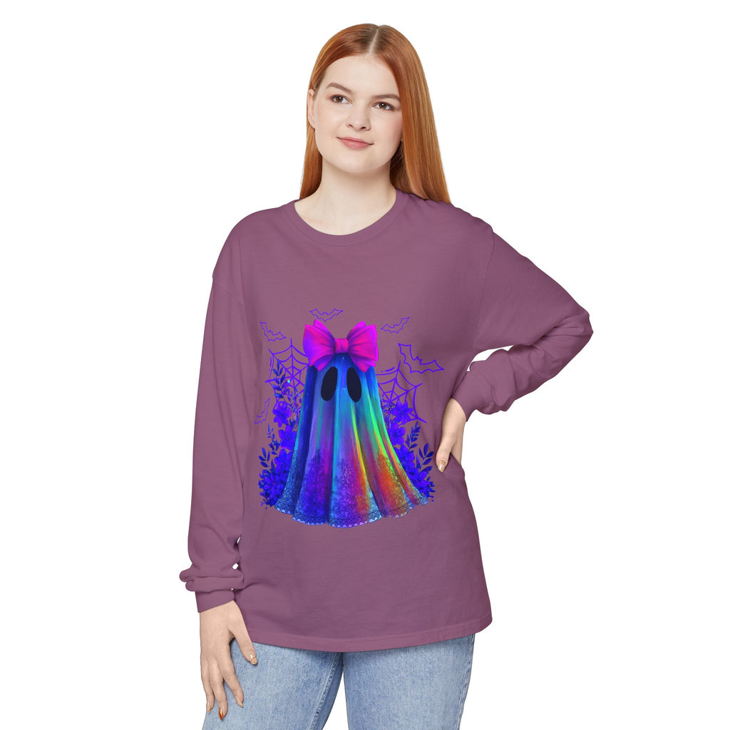Halloween Ghost Long Sleeve Tee — Holographic Bow Ghost Graphic