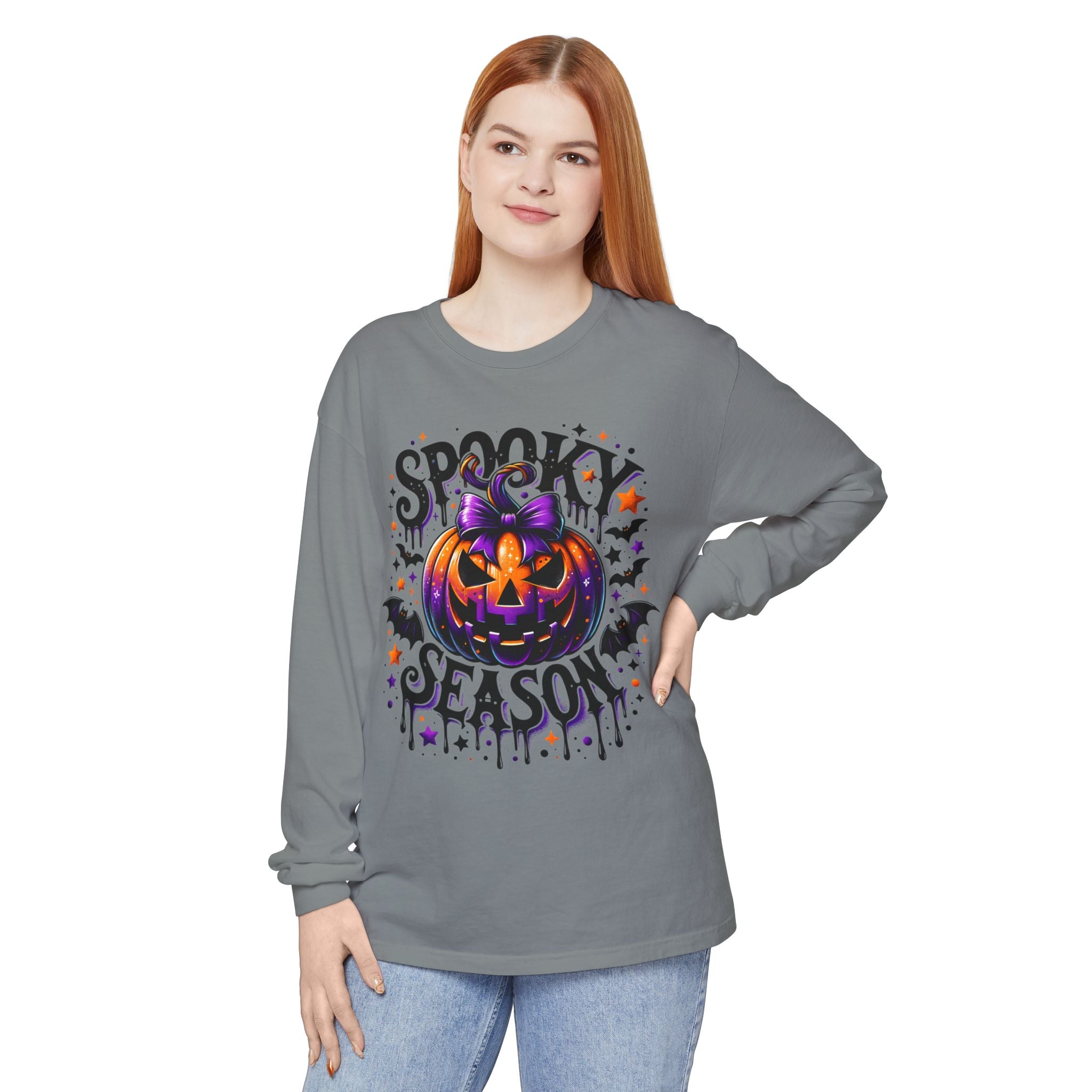 Spooky Season Long Sleeve Tee — Purple Pumpkin Halloween Design