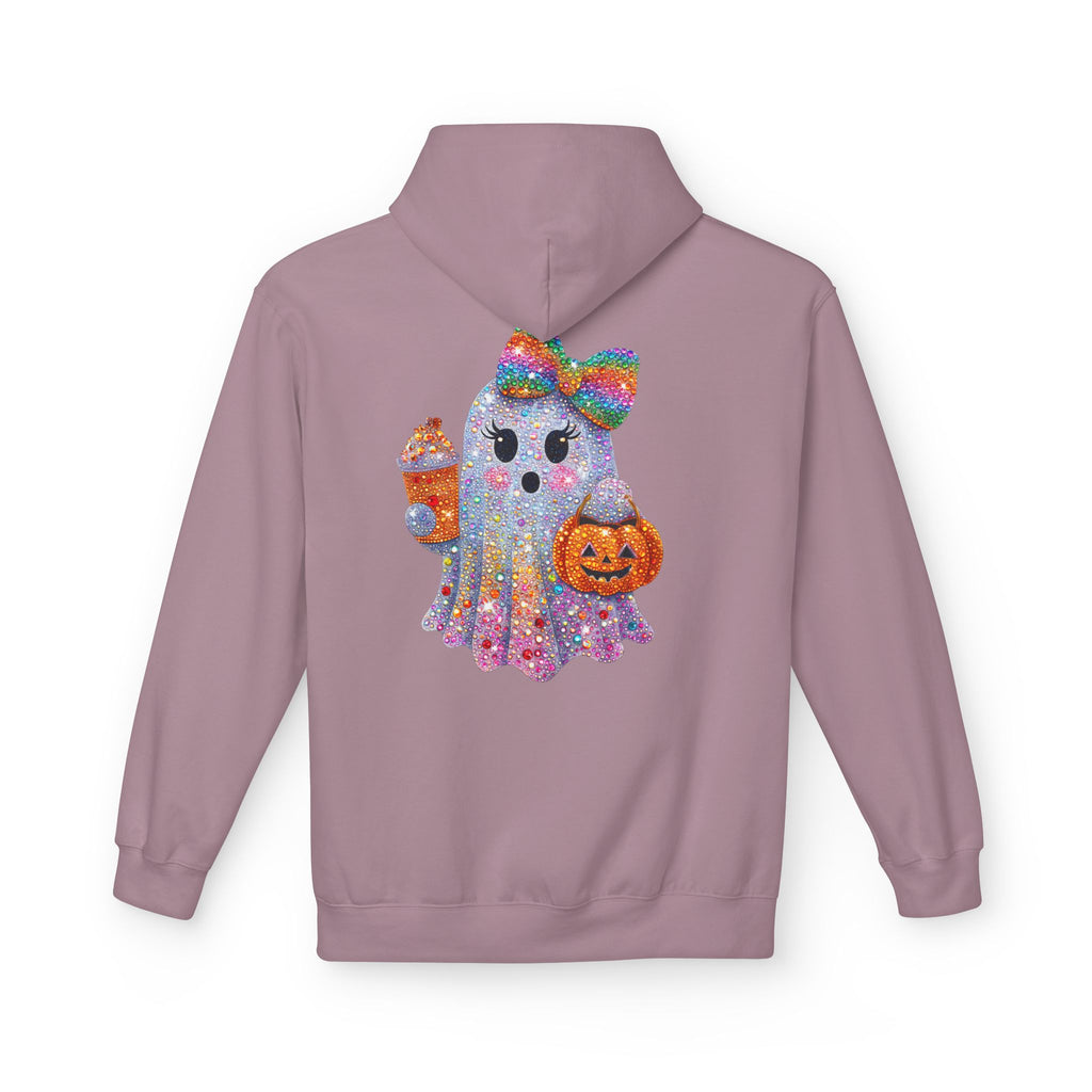 Cute Halloween Ghost Hoodie — Glitter Ghost Holding Pumpkin & Coffee Graphic