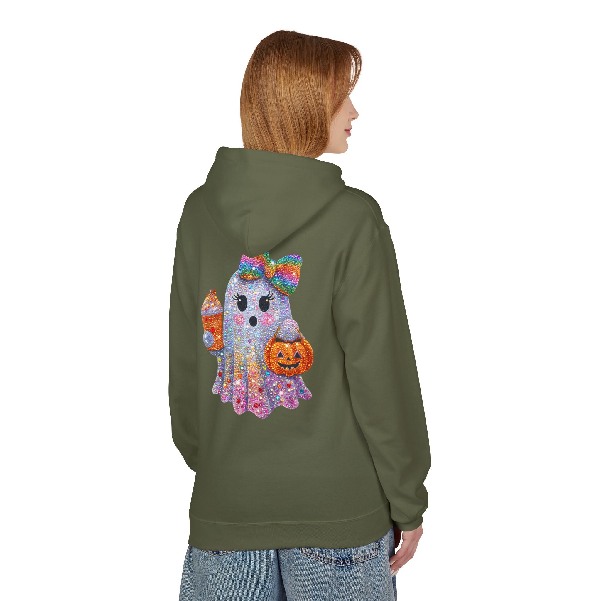 Cute Halloween Ghost Hoodie — Glitter Ghost Holding Pumpkin & Coffee Graphic