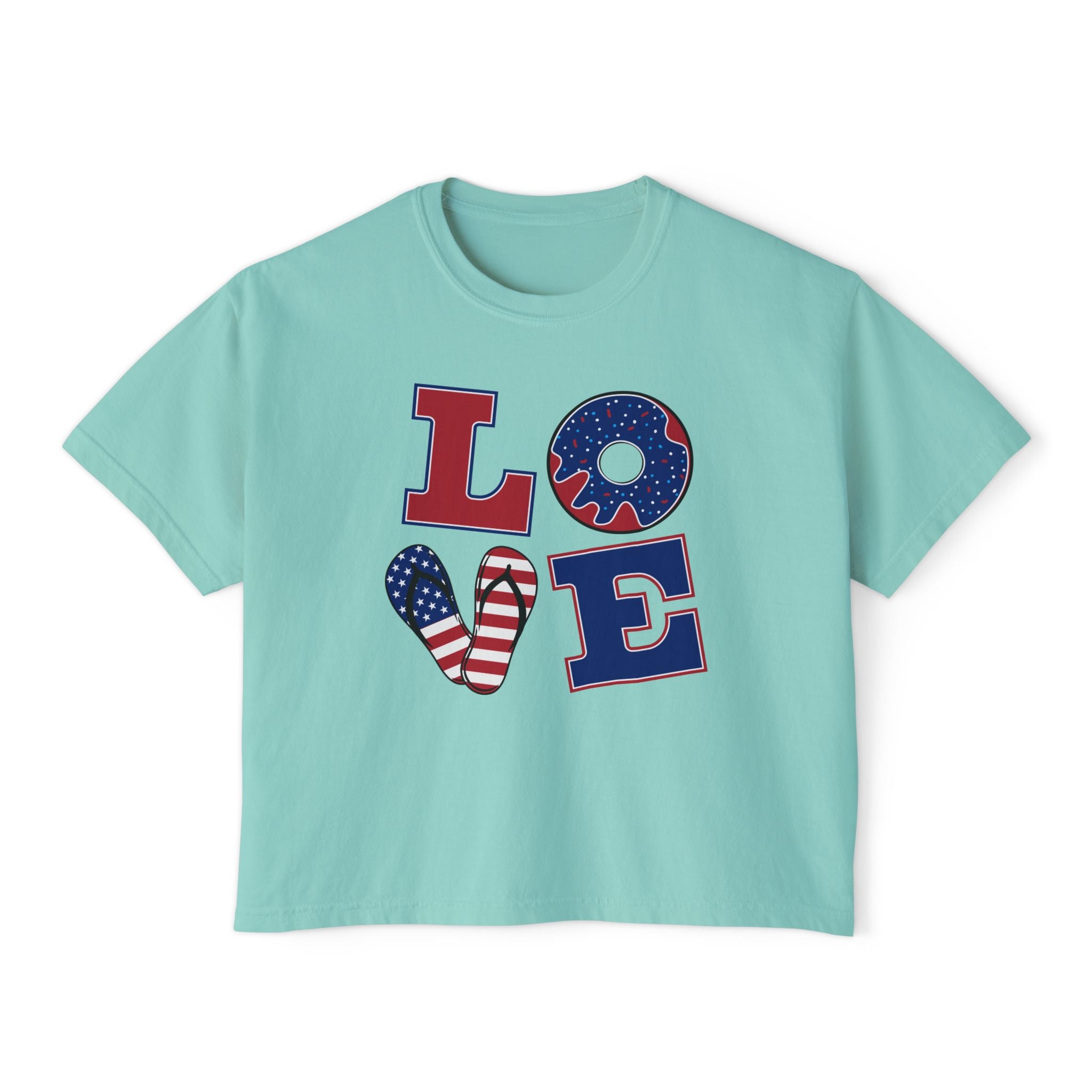 Patriotic LOVE Boxy Tee — Women's 4th of July American Flag Graphic Shirt