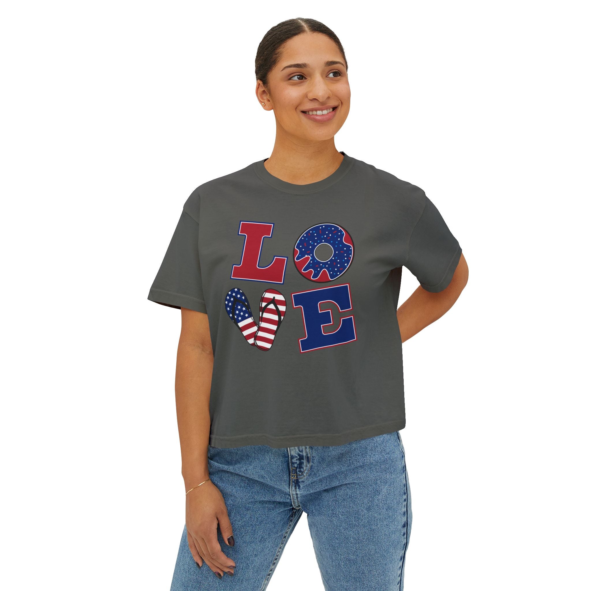 Patriotic LOVE Boxy Tee — Women's 4th of July American Flag Graphic Shirt