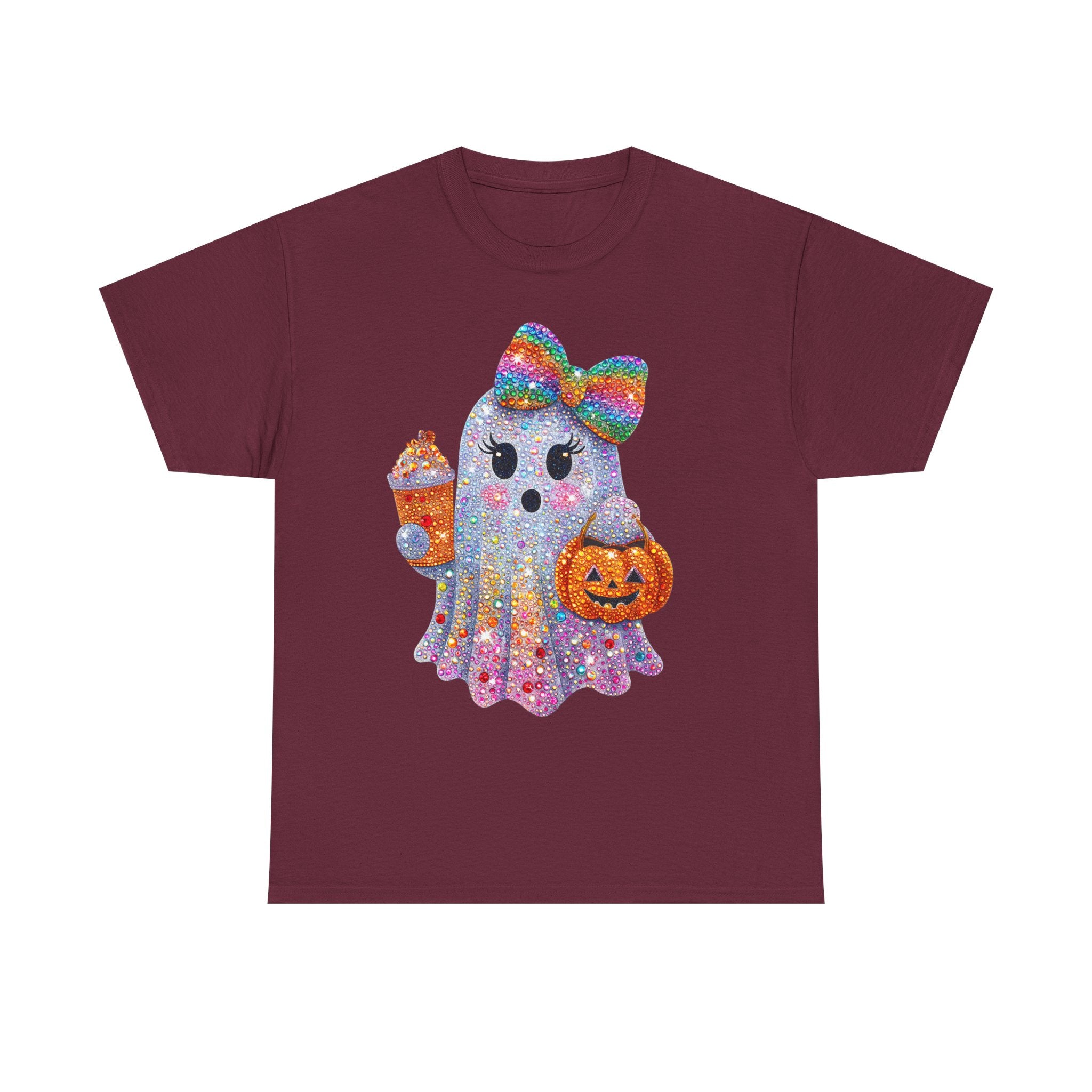 Cute Glitter Ghost T-Shirt — Rainbow Bow Halloween Tee with Pumpkin & Candy Cup