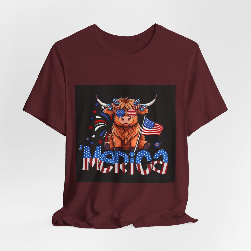 Patriotic Highland Cow Tee — "Merica" American Flag 4th of July Shirt