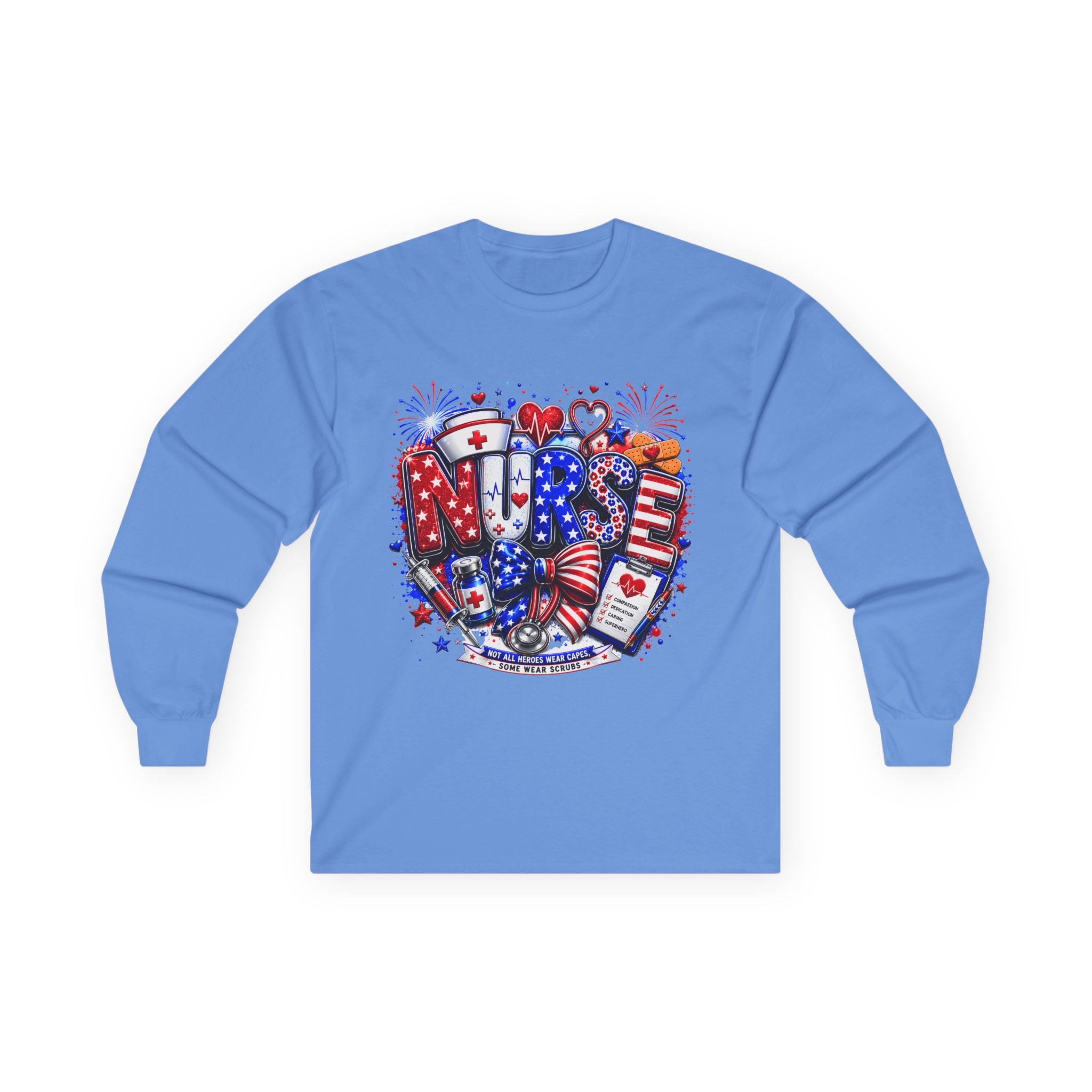 Nurse Heart Patriotic Long Sleeve Tee — USA Flag & Medical Design