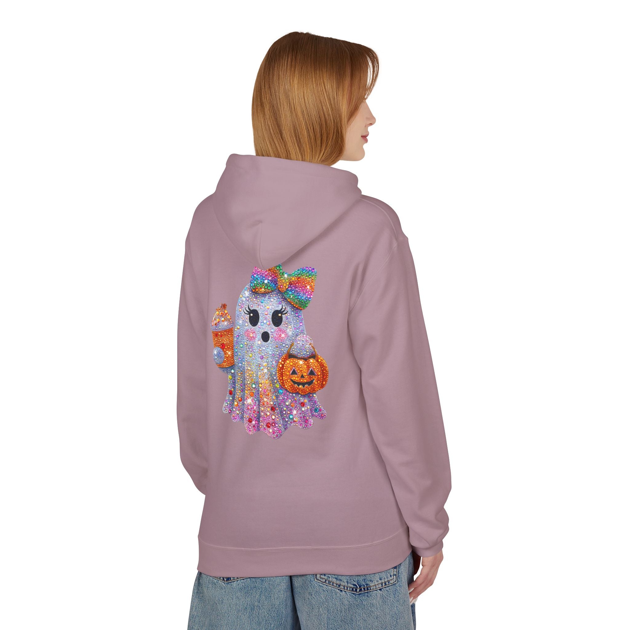 Cute Halloween Ghost Hoodie — Glitter Ghost Holding Pumpkin & Coffee Graphic