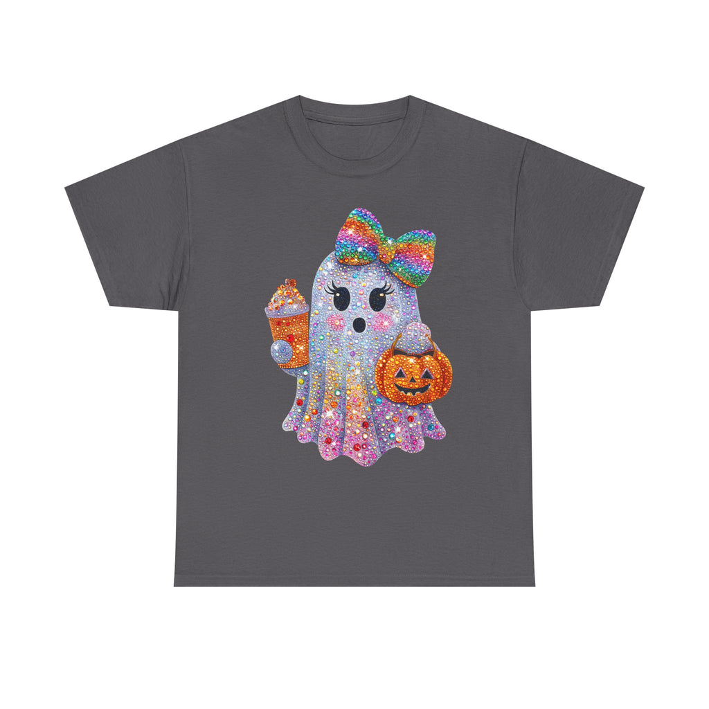 Cute Glitter Ghost T‑Shirt — Rainbow Bow Halloween Tee with Pumpkin & Candy