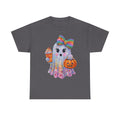 Cute Glitter Ghost T‑Shirt — Rainbow Bow Halloween Tee with Pumpkin & Candy