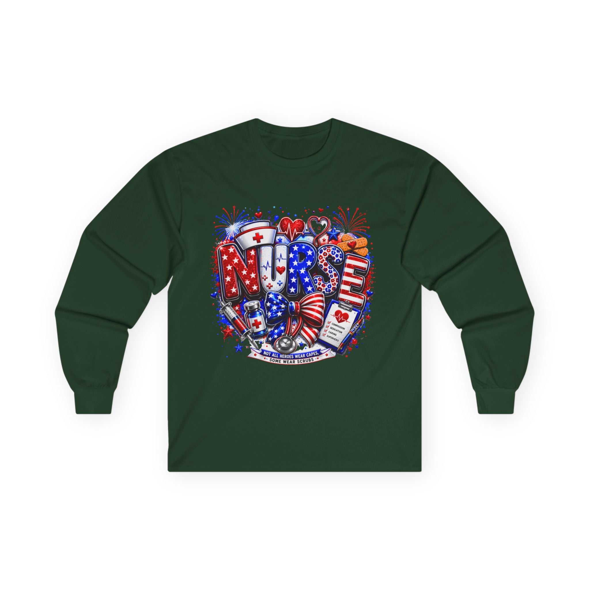 Nurse Heart Patriotic Long Sleeve Tee — USA Flag & Medical Design