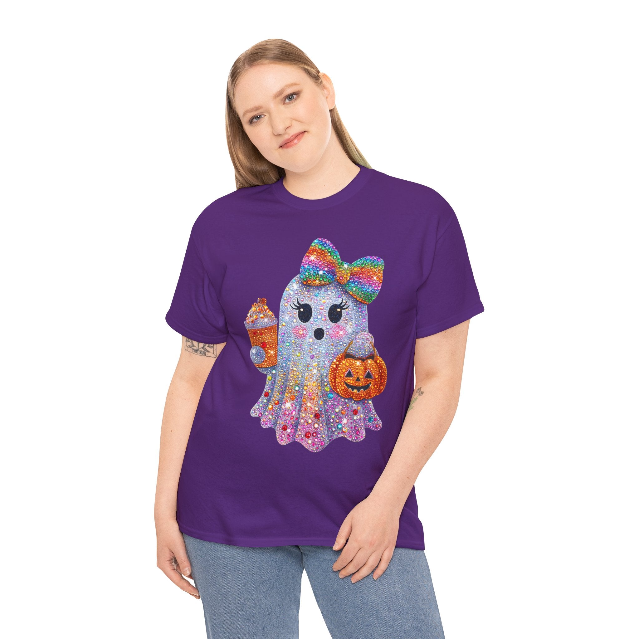 Cute Glitter Ghost T‑Shirt — Rainbow Bow Halloween Tee with Pumpkin & Candy