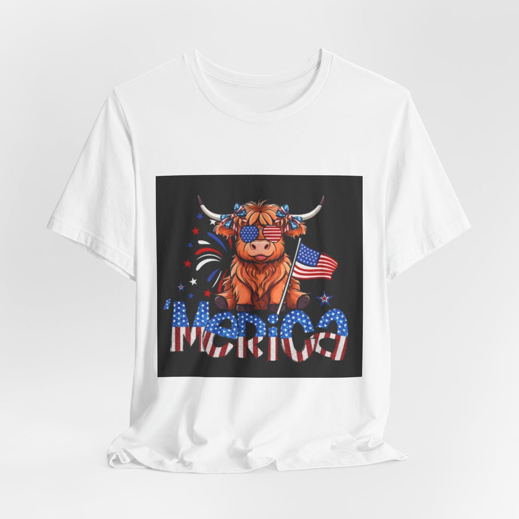 Patriotic Highland Cow Tee — "Merica" American Flag 4th of July Shirt