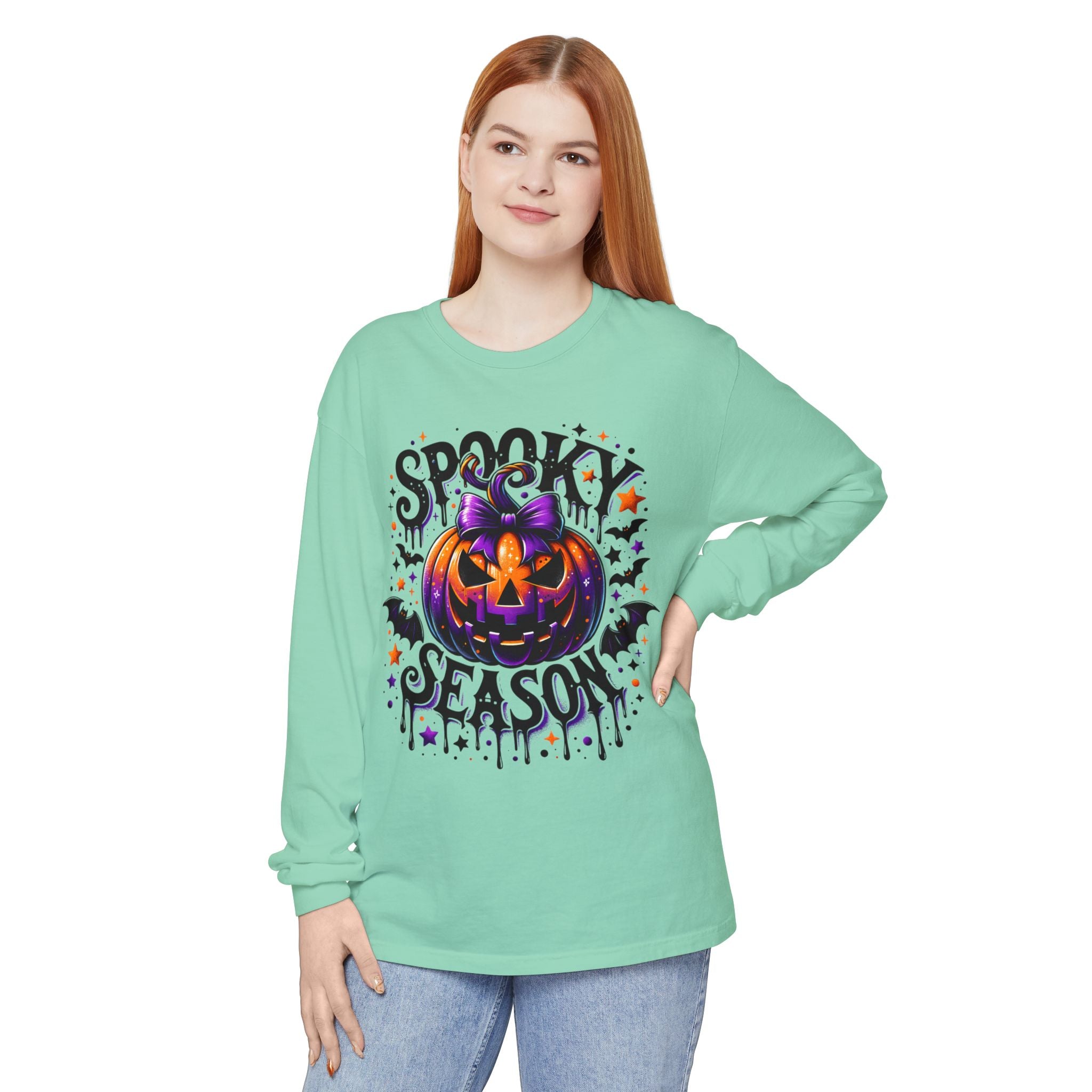 Spooky Season Long Sleeve Tee — Purple Pumpkin Halloween Design