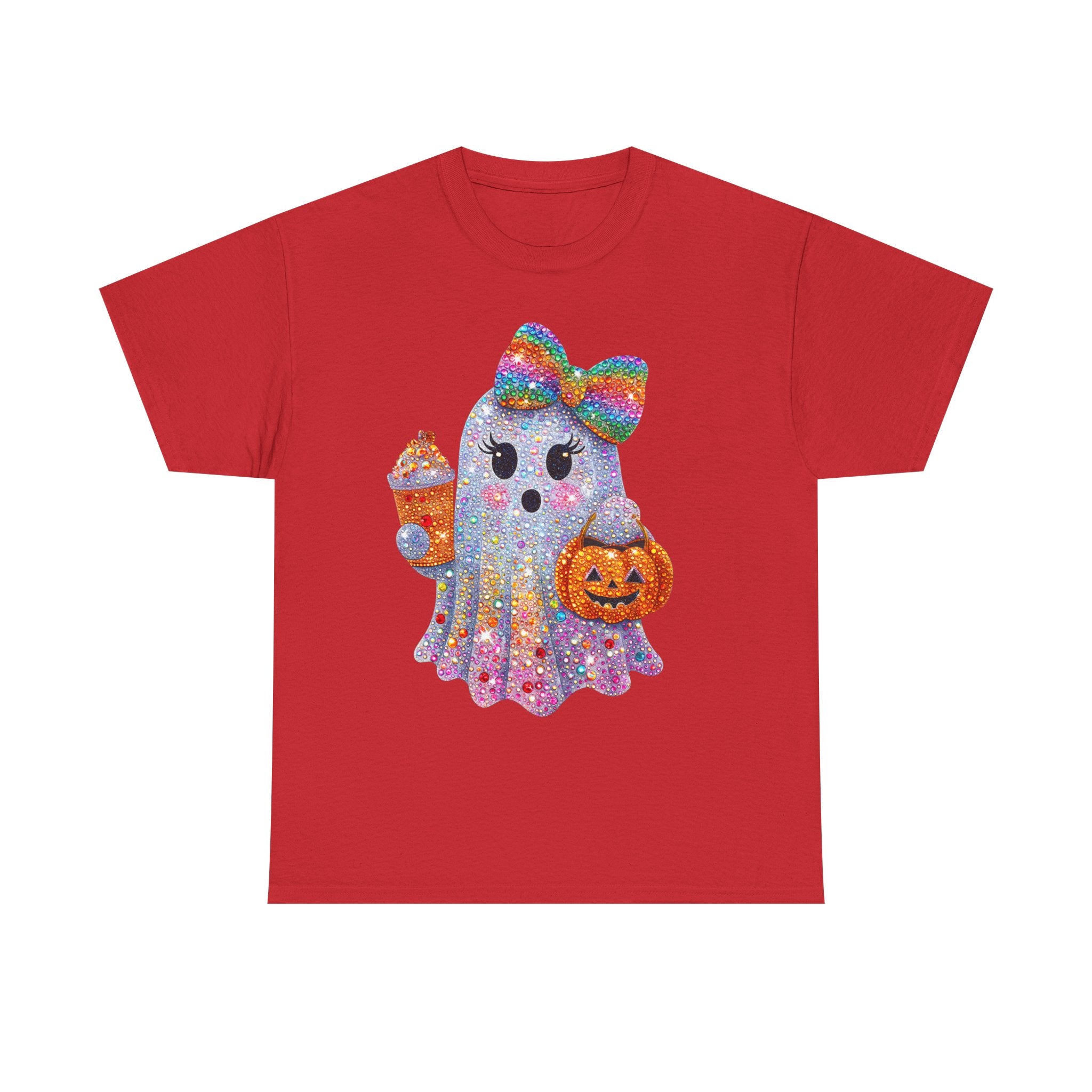 Cute Glitter Ghost T-Shirt — Rainbow Bow Halloween Tee with Pumpkin & Candy Cup