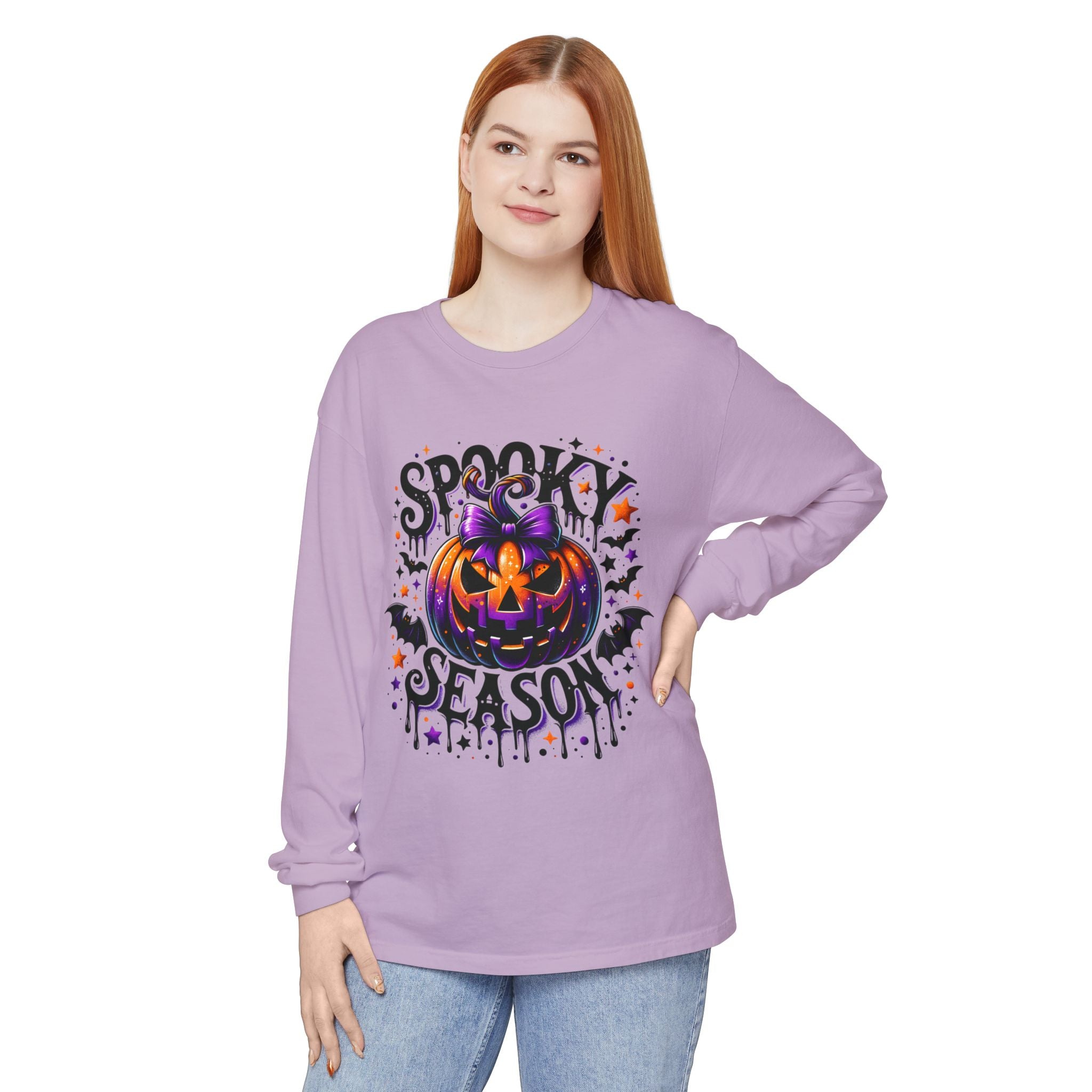 Spooky Season Long Sleeve Tee — Purple Jack-O'-Lantern Halloween Shirt