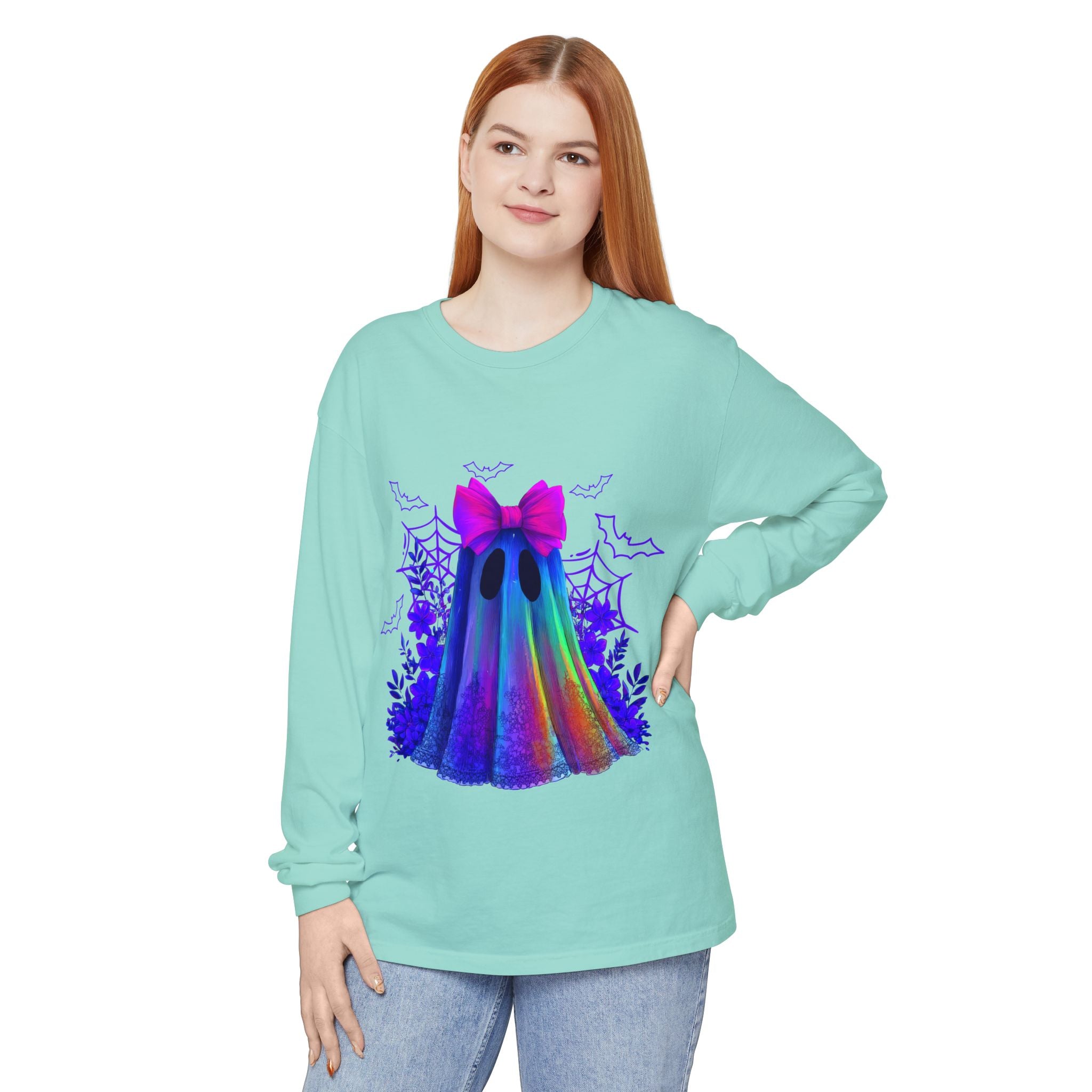Halloween Ghost Long Sleeve Tee — Holographic Bow Ghost Graphic