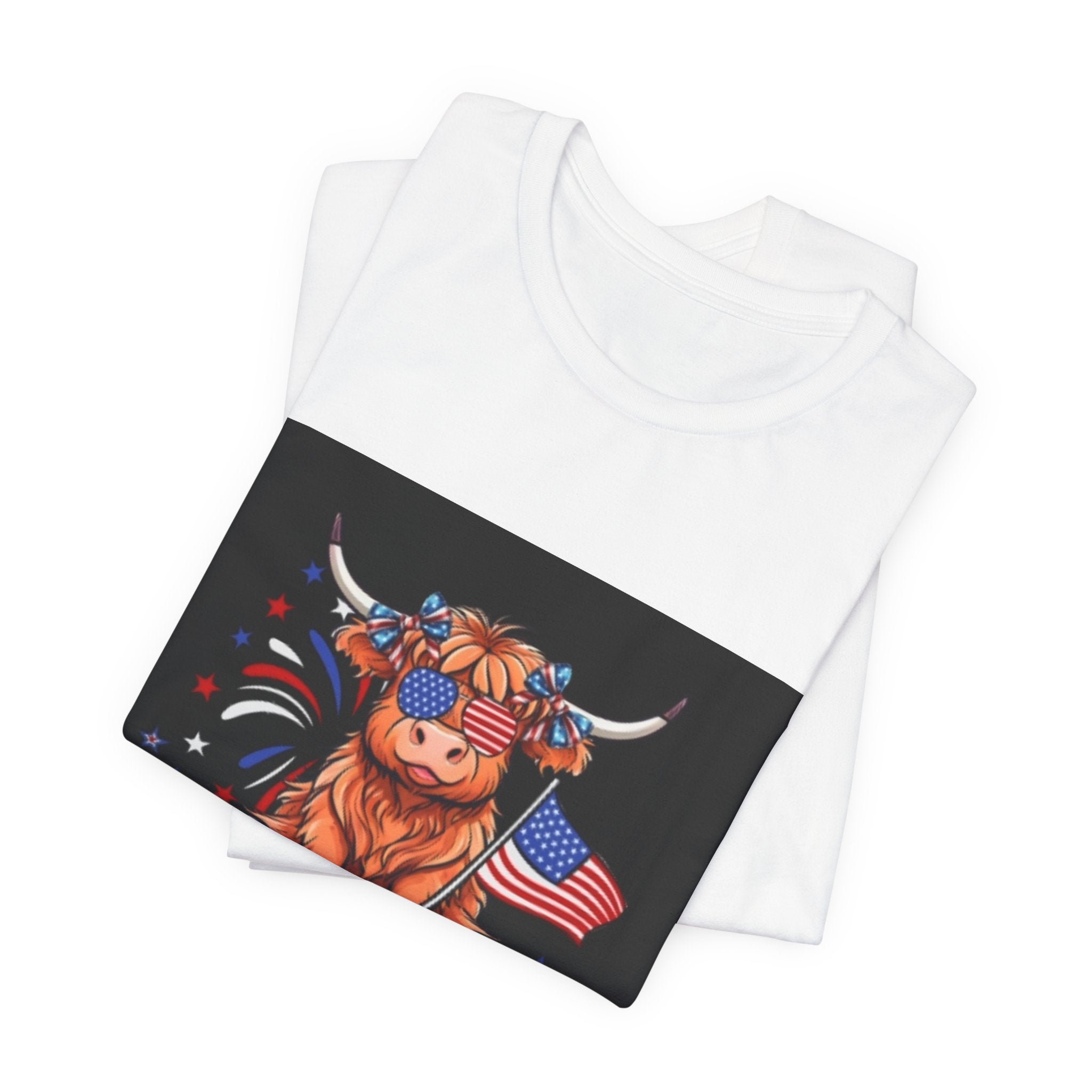 Patriotic Highland Cow Tee — "Merica" American Flag 4th of July Shirt