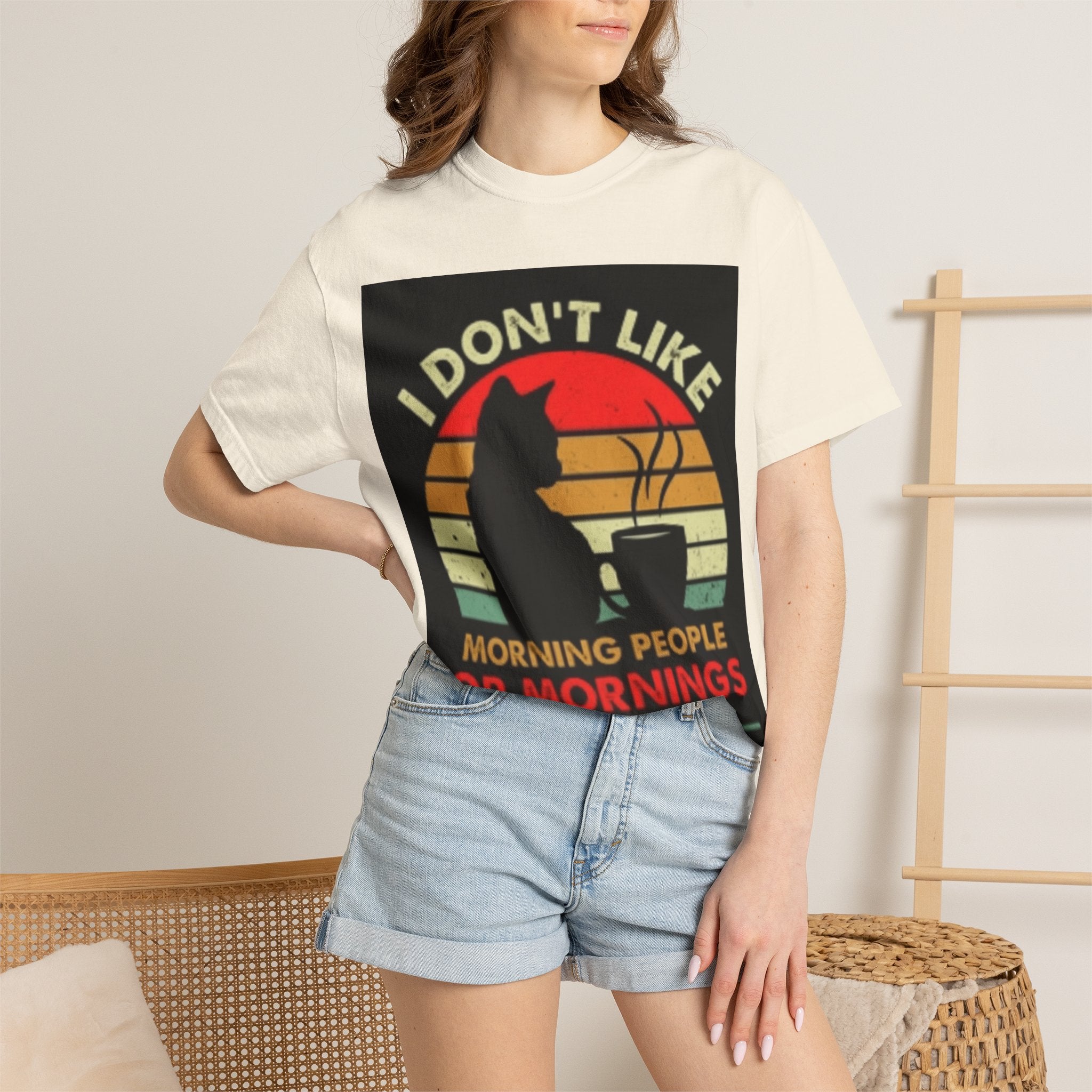 I Don't Like Morning People T-Shirt — Cat & Coffee Retro Graphic Tee