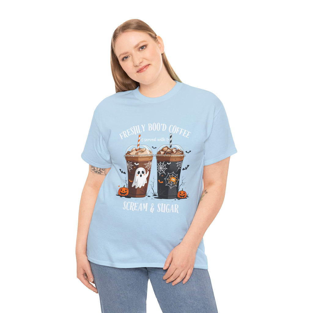 Halloween Coffee T‑Shirt - "Freshly Boo’d Coffee: Scream & Sugar" Funny Spooky Pumpkin Ghost Tee