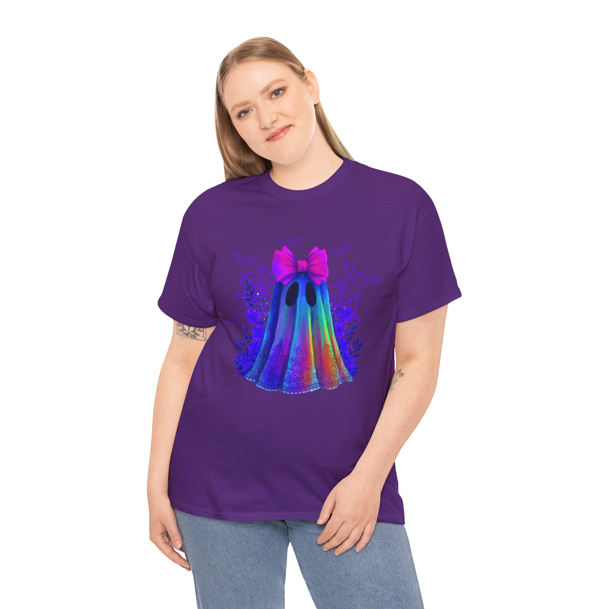 Neon Rainbow Ghost T-Shirt — Cute Halloween Spirit Tee with Pink Bow