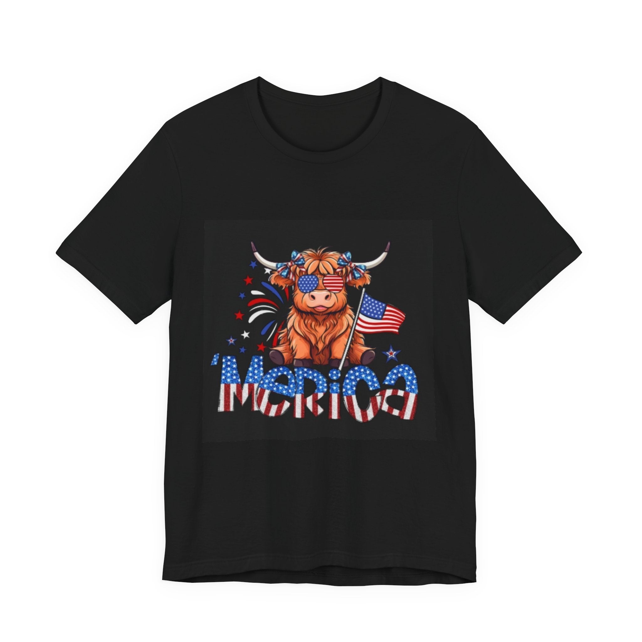 Patriotic Highland Cow Tee — "Merica" American Flag 4th of July Shirt